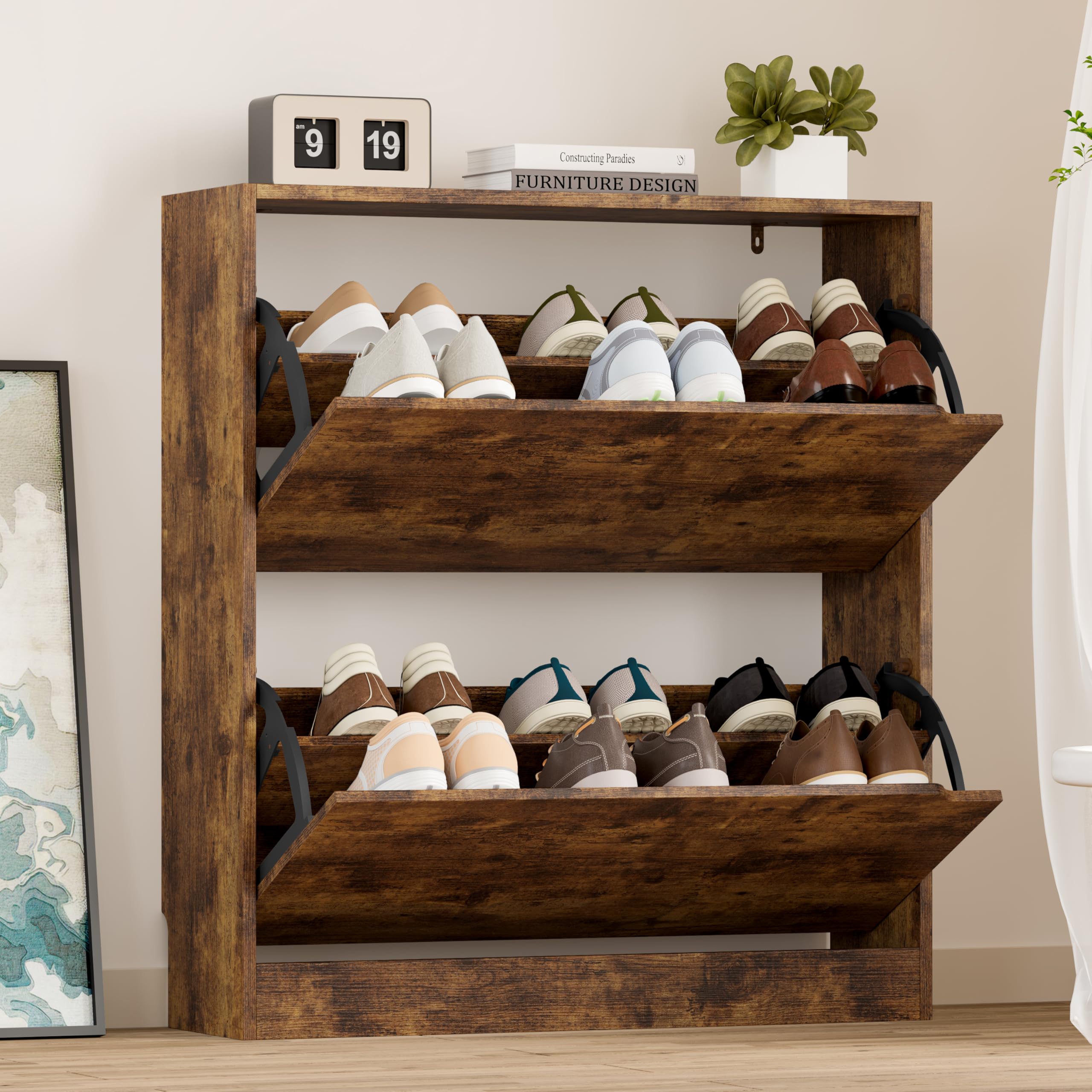 BORNOON Shoe Cabinet with 3 Flip Drawers, Hidden Wood Shoe Cabinet,Freestanding Shoe Storage Cabinet for Entryway Hallway.White. 47.2" H*31.5" W*9.45" D.