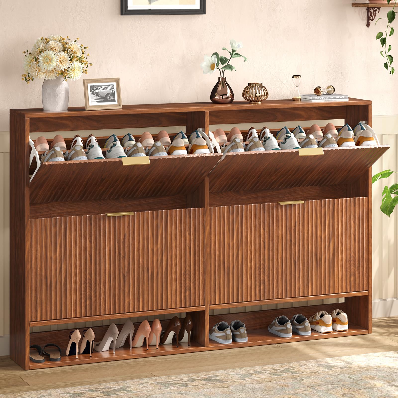 Hootata 31.5''W Oak Shoe Storage Cabinet for Entryway with 2 Flip Drawers, Narrow Wood Fluted Shoe Rack Cabinet,Freestanding Slim Shoe Organizer Cabinet for Foyer, Hallway
