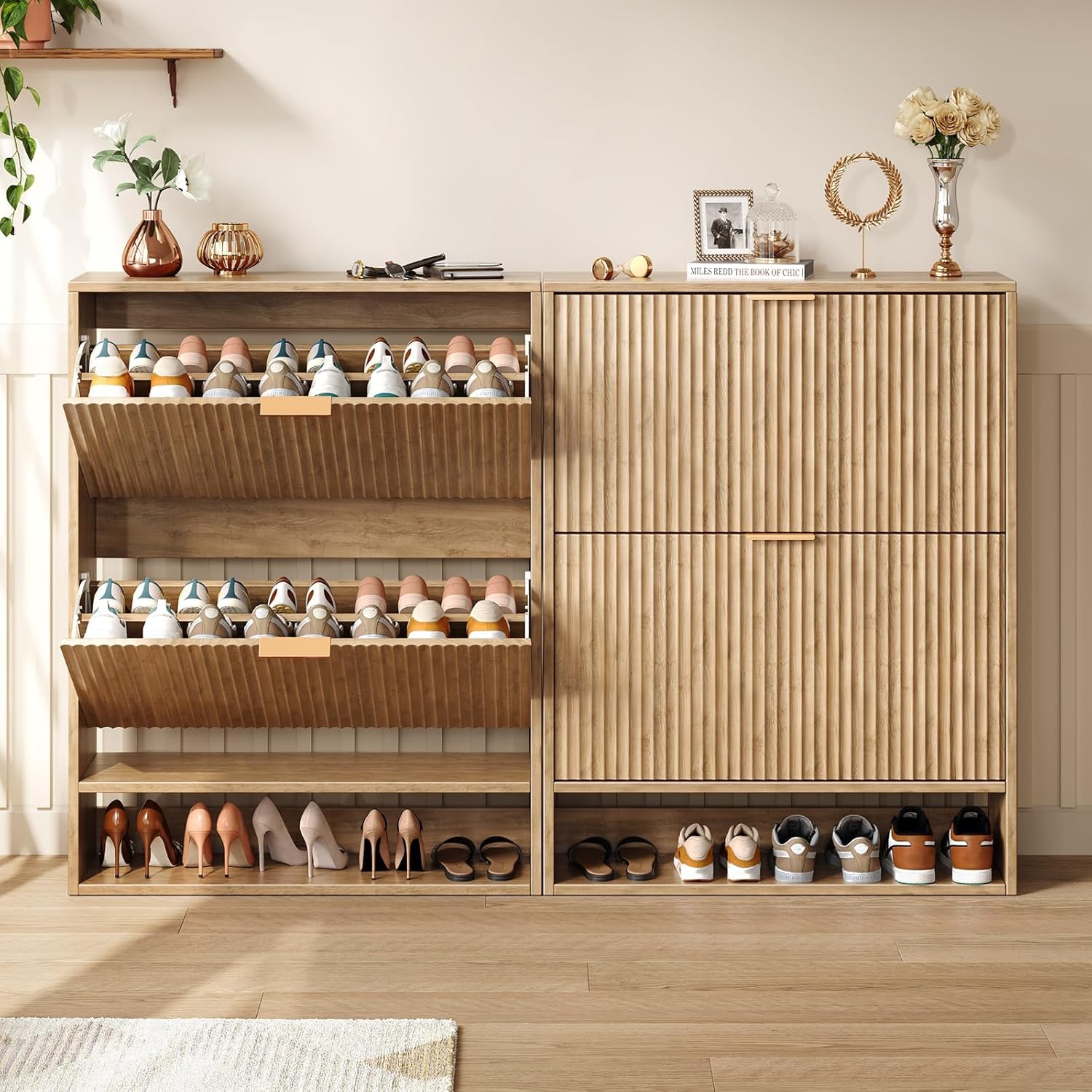 Hootata 31.5''W Oak Shoe Storage Cabinet for Entryway with 2 Flip Drawers, Narrow Wood Fluted Shoe Rack Cabinet,Freestanding Slim Shoe Organizer Cabinet for Foyer, Hallway