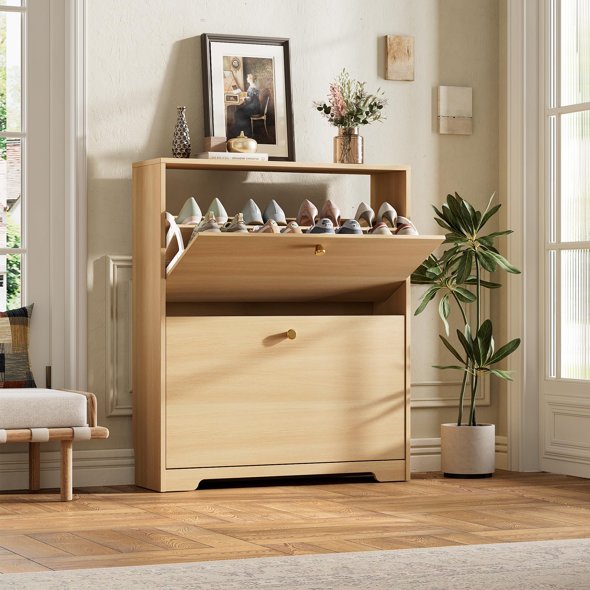 Nicetree Shoe Storage Cabinet, Slim Shoe Cabinet, Hidden Shoe Rack Cabinet, Shoe Storage Cabinet for Entryway, Hallway, Foryer, Natural Oak