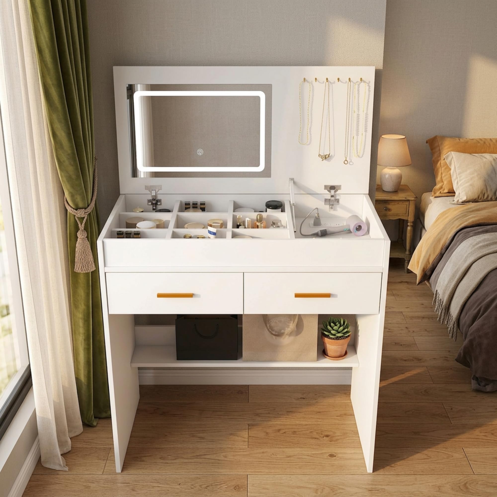 39" Modern Makeup Vanity Desk with Tempered Glass Top & LED Round Mirror, Adjustable Black and White Dressing Table with Reversible 3-Drawer Cabinet, Extendable Vanity Set for Small Bedroom