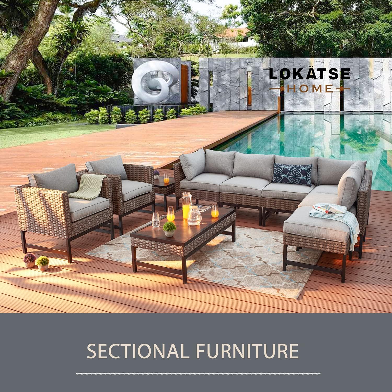 LOKATSE HOME Outdoor Chair Rattan Furniture Single Sofa Modern Wicker Armchair with Metal Legs and Gray Cushion for Garden Balcony Porch Poolside, Brown