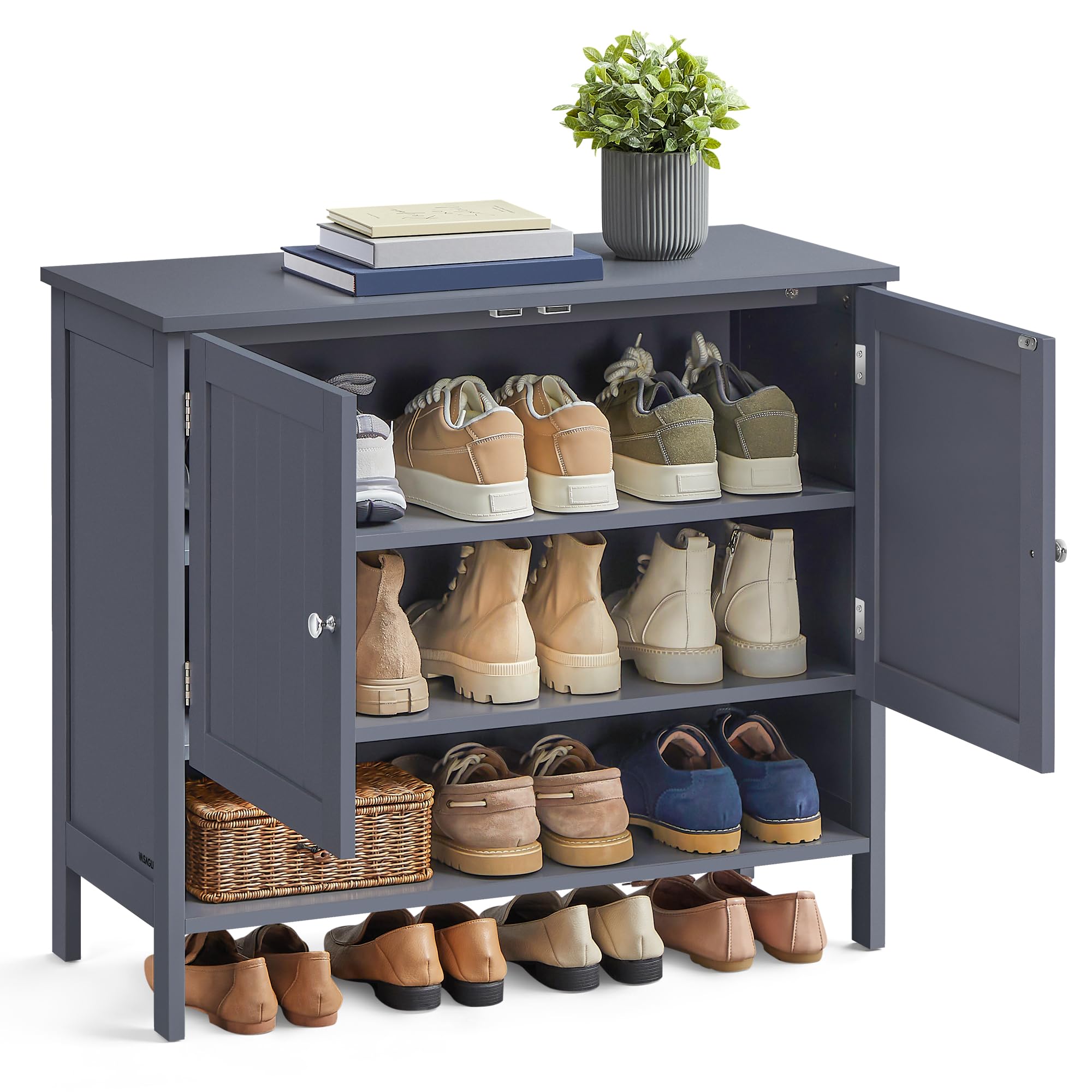 VASAGLE MAXE Collection - Shoe Storage Cabinet with 2 Flip Drawers, Freestanding Narrow Shoe Rack Organizer for Entryway, Fluted Doors, Fits 12-16 Pairs, Mid Century Modern, Walnut Brown UHSC202KF02S