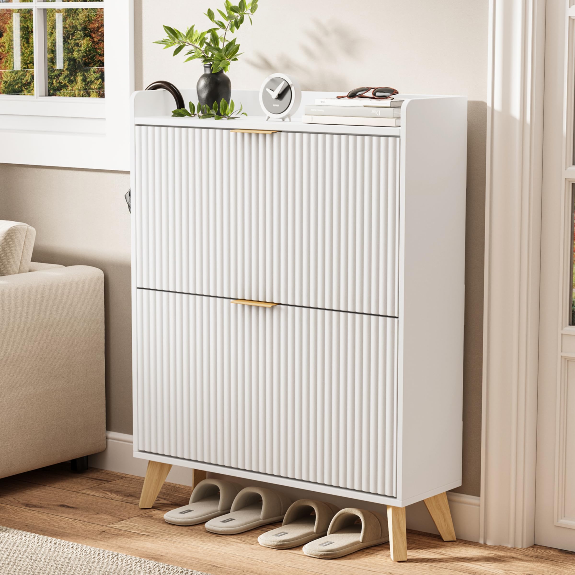 Fluted Shoe Cabinet Storage with 2 Flip Drawers, Wood Narrow Hidden Shoe Cabinet with Adjustable Shelf for Entryway, Freestanding Slim Shoe Rack Organizer for Foyer Hallway Living Room