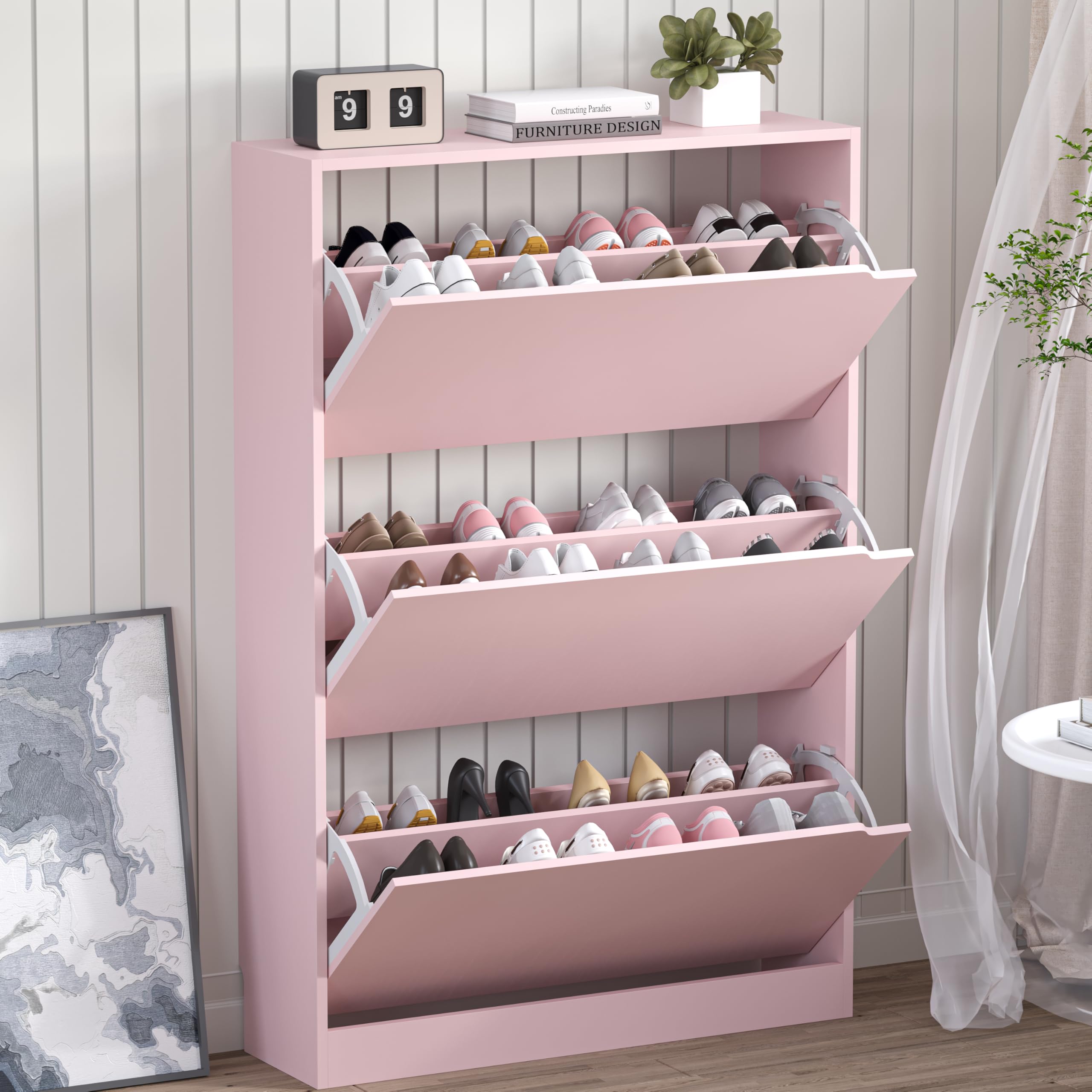 BORNOON Shoe Cabinet with 3 Flip Drawers, Hidden Wood Shoe Cabinet,Freestanding Shoe Storage Cabinet for Entryway Hallway.White. 47.2" H*31.5" W*9.45" D.