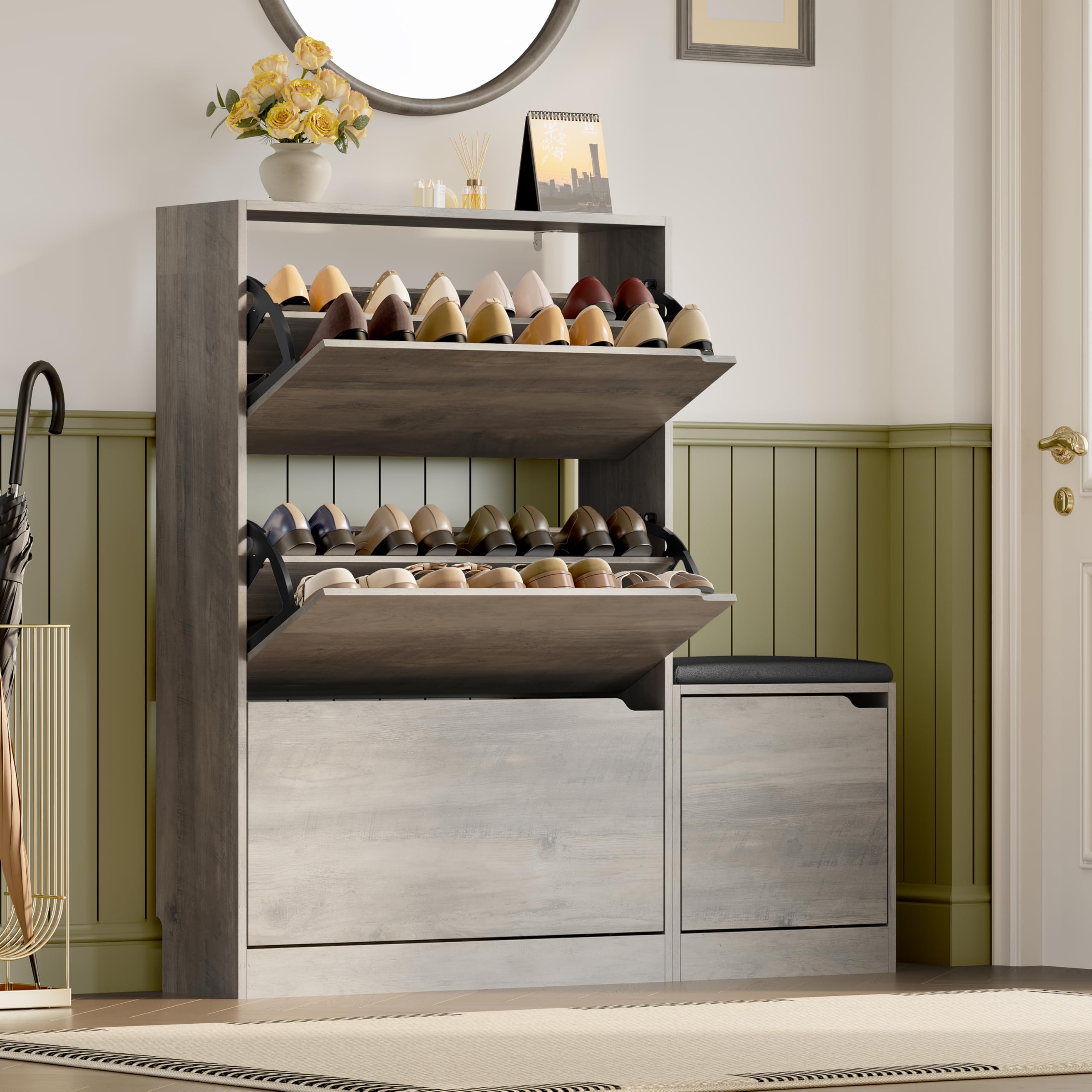 BORNOON Shoe Cabinet with 3 Flip Drawers, Hidden Wood Shoe Cabinet,Freestanding Shoe Storage Cabinet for Entryway Hallway.White. 47.2" H*31.5" W*9.45" D.