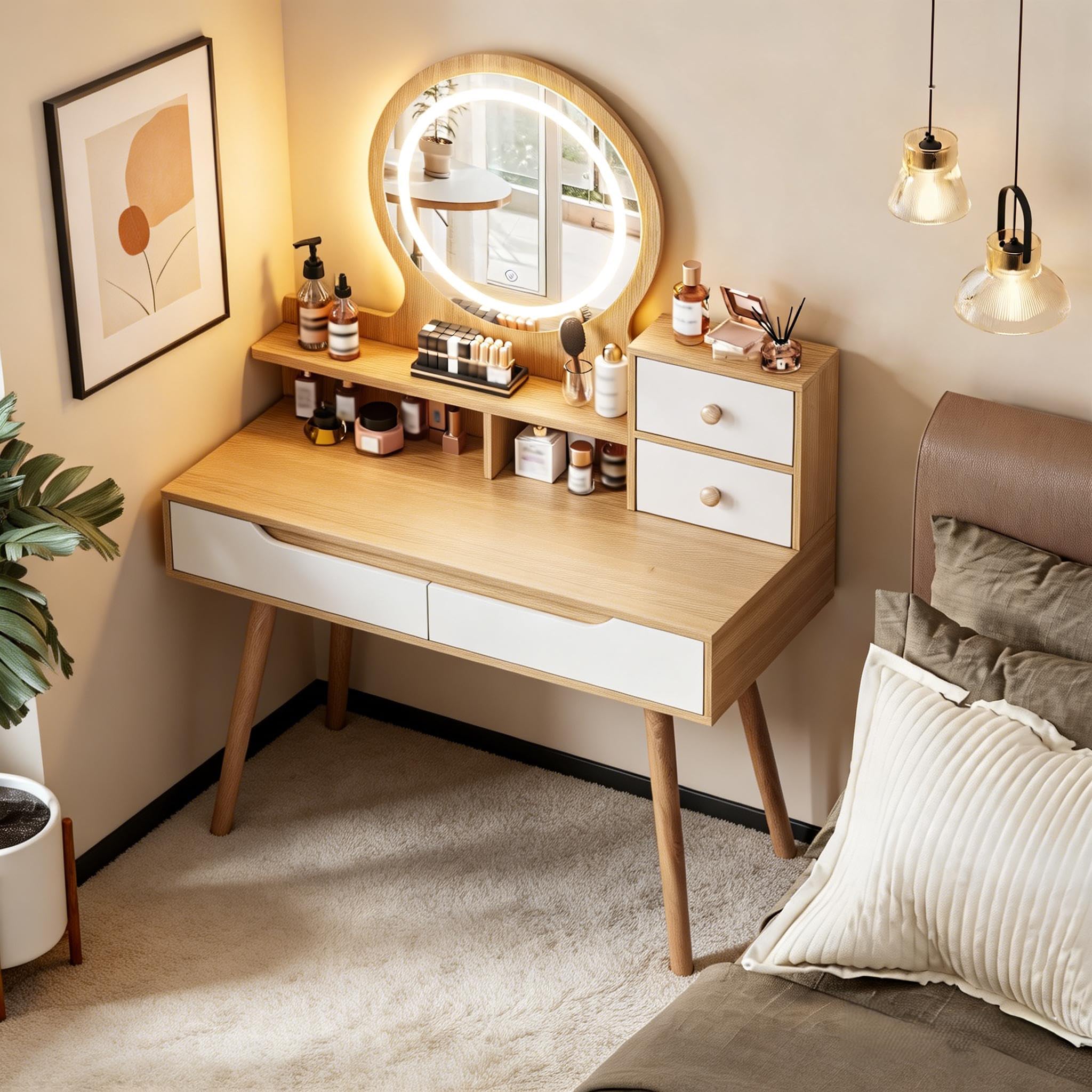 39" Modern Makeup Vanity Desk with Tempered Glass Top & LED Round Mirror, Adjustable Black and White Dressing Table with Reversible 3-Drawer Cabinet, Extendable Vanity Set for Small Bedroom