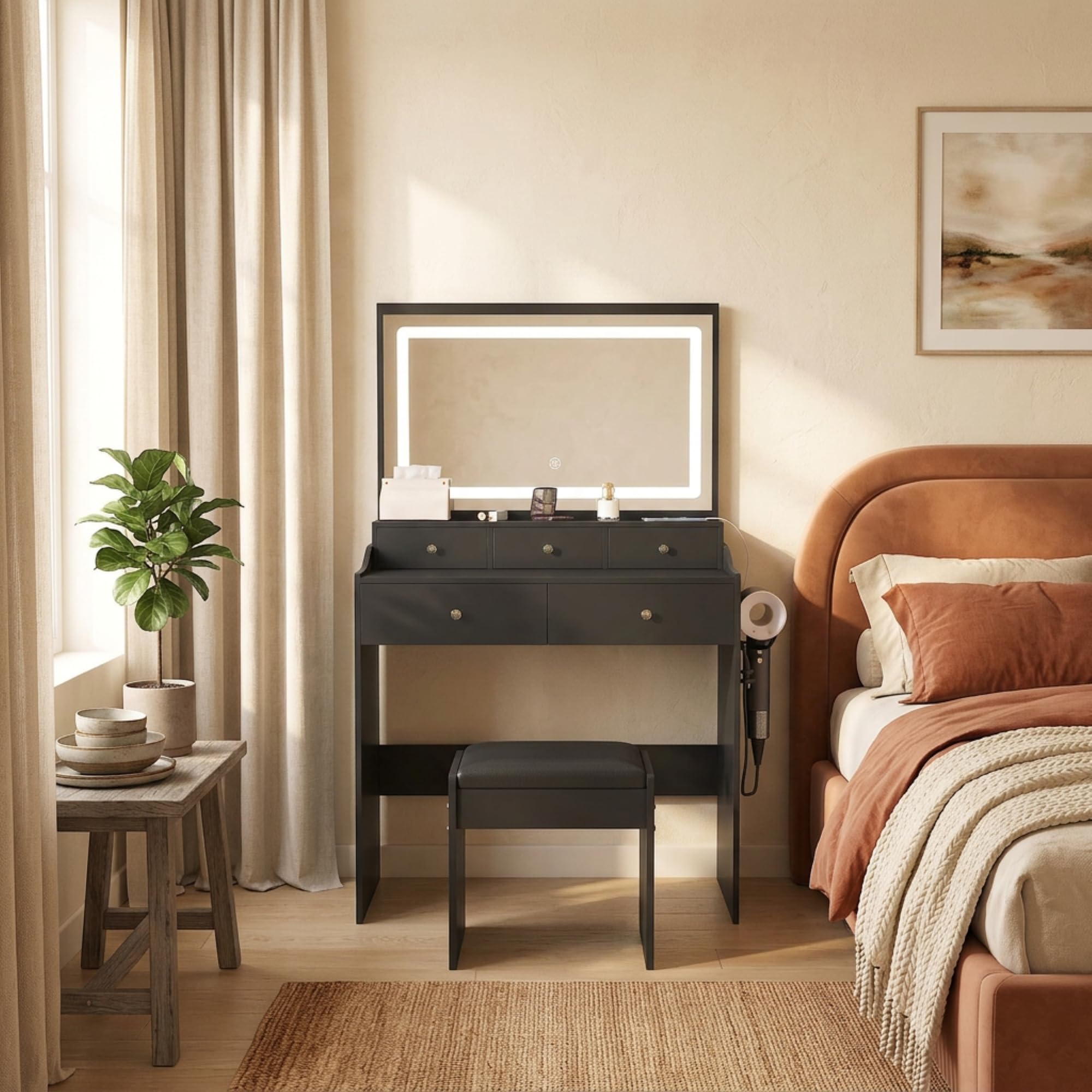 39" Modern Makeup Vanity Desk with Tempered Glass Top & LED Round Mirror, Adjustable Black and White Dressing Table with Reversible 3-Drawer Cabinet, Extendable Vanity Set for Small Bedroom