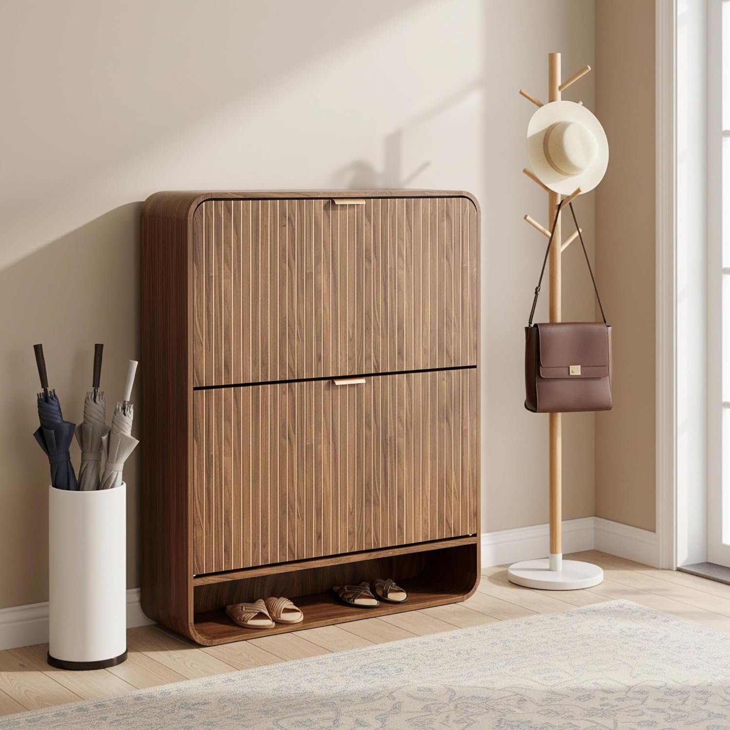Narrow Shoe Cabinet with 2 Flip Drawers, Fluted Shoe Storage Cabinet for Entryway, Slim Hidden Shoe Rack Organizer for Hallway, Entrance, Foyer, Freestanding, Walnut