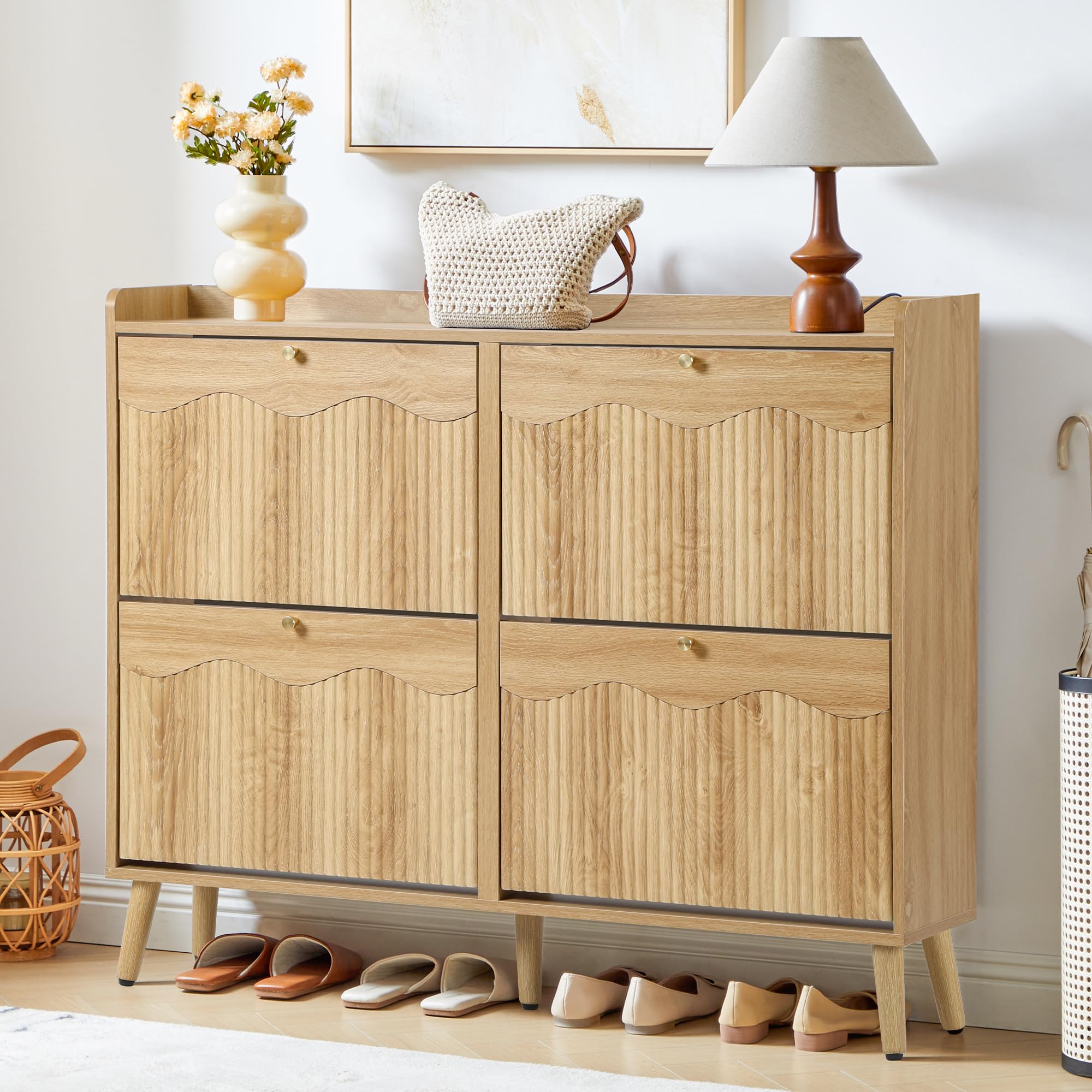 BERRYMERRY 31.5” Fluted Shoe Storage Cabinet with 2 Flip Drawers,Freestanding Narrow Shoe Organizer Cabinet with Wave Profile for Entryway,Hallway,Living Room