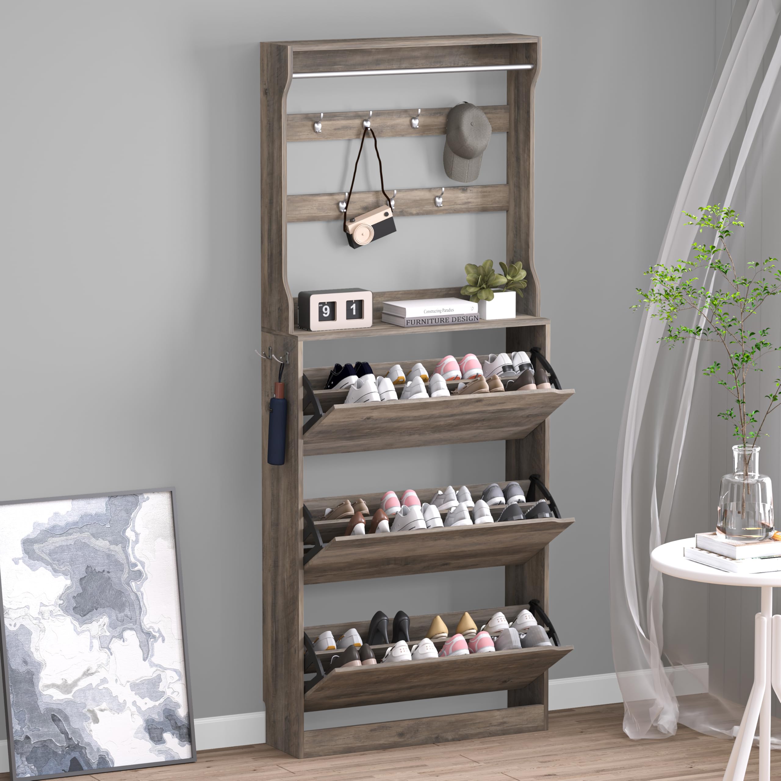 BORNOON Shoe Cabinet with 3 Flip Drawers, Hidden Wood Shoe Cabinet,Freestanding Shoe Storage Cabinet for Entryway Hallway.White. 47.2" H*31.5" W*9.45" D.