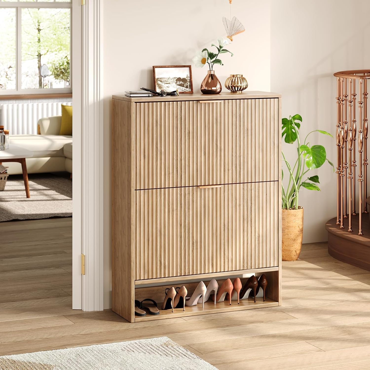 Hootata 31.5''W Oak Shoe Storage Cabinet for Entryway with 2 Flip Drawers, Narrow Wood Fluted Shoe Rack Cabinet,Freestanding Slim Shoe Organizer Cabinet for Foyer, Hallway