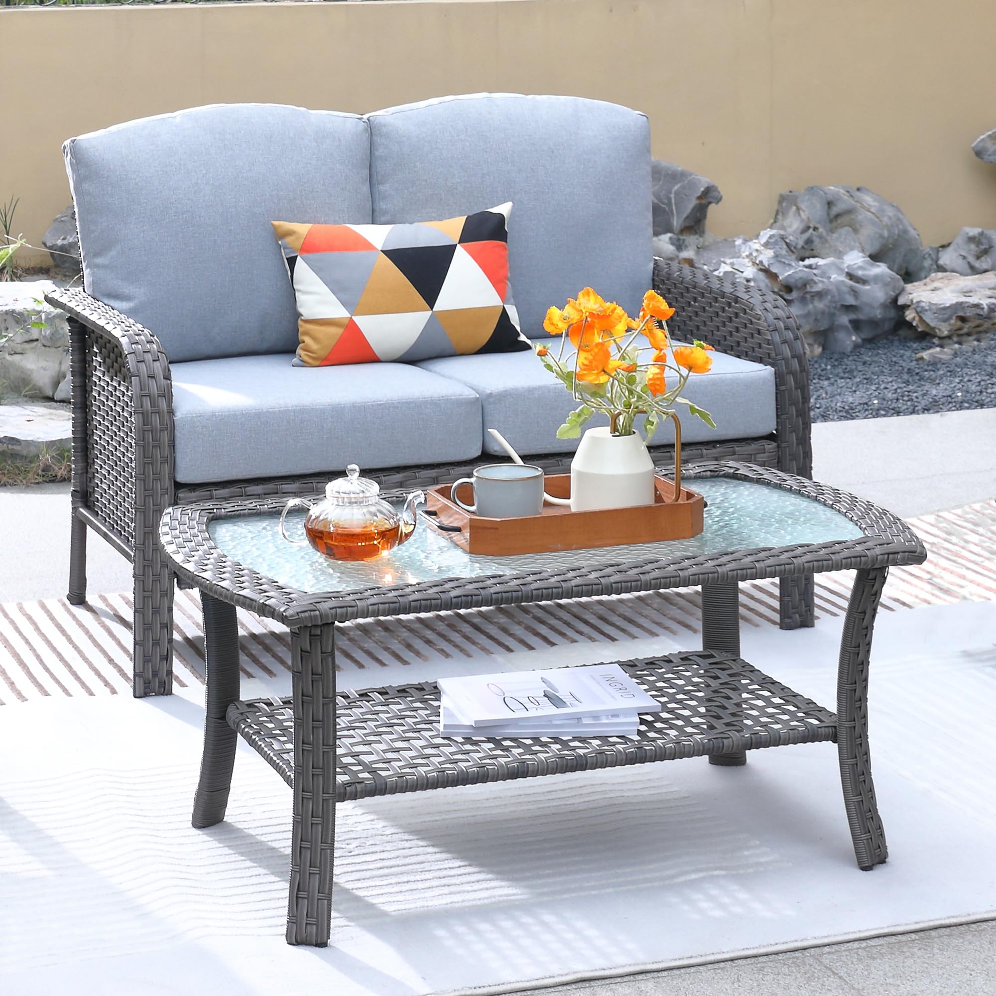 ovios 2-Piece Patio Furniture Set, Outdoor Wicker Sofa with Chairs, High Back Rattan Chair with Comfy Cushions for Porch Yard Deck, Denim Blue