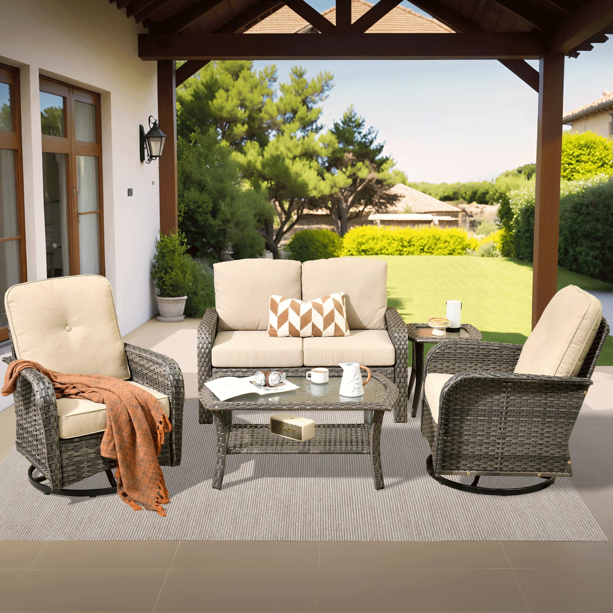 ovios 2-Piece Patio Furniture Set, Outdoor Wicker Sofa with Chairs, High Back Rattan Chair with Comfy Cushions for Porch Yard Deck, Denim Blue
