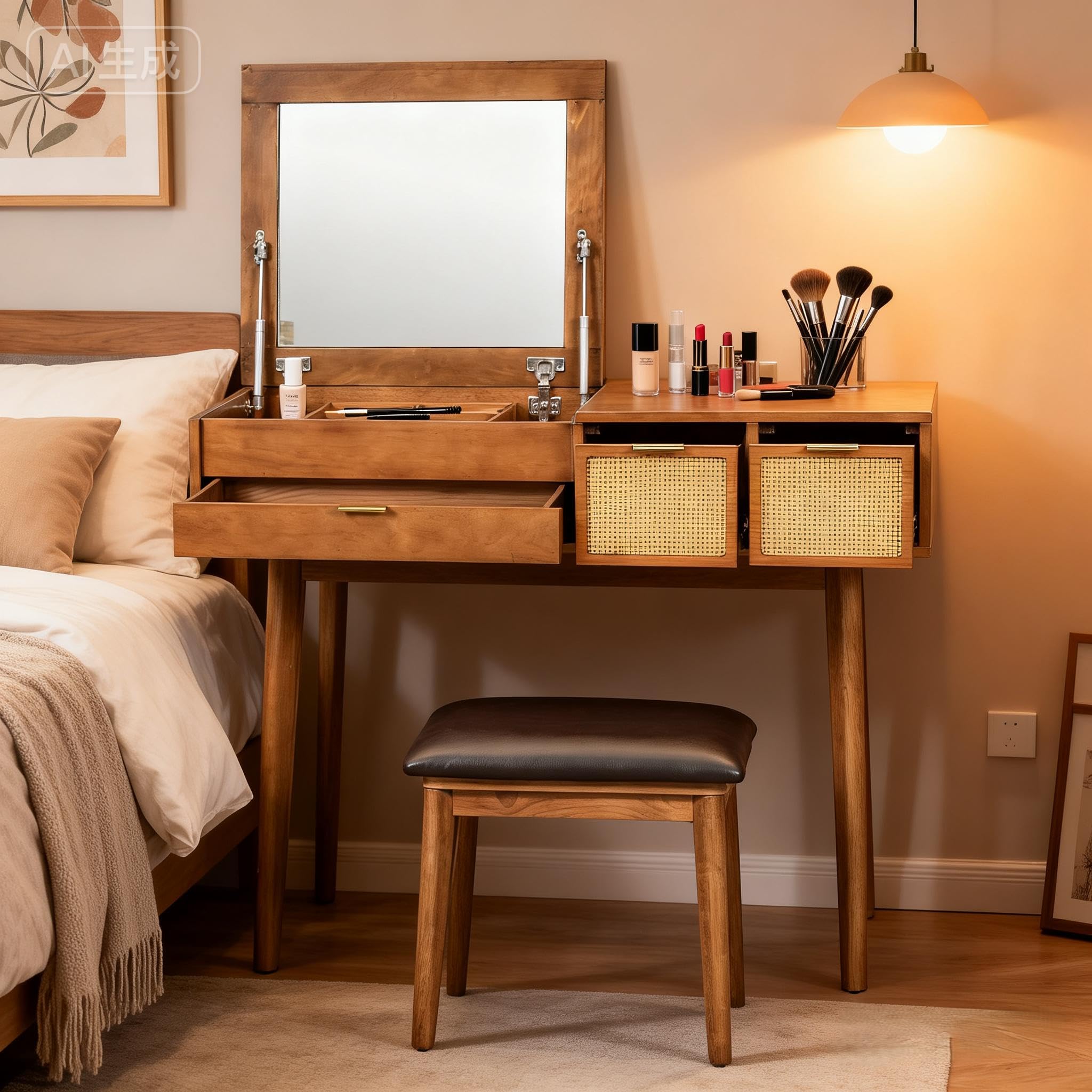 39" Modern Makeup Vanity Desk with Tempered Glass Top & LED Round Mirror, Adjustable Black and White Dressing Table with Reversible 3-Drawer Cabinet, Extendable Vanity Set for Small Bedroom