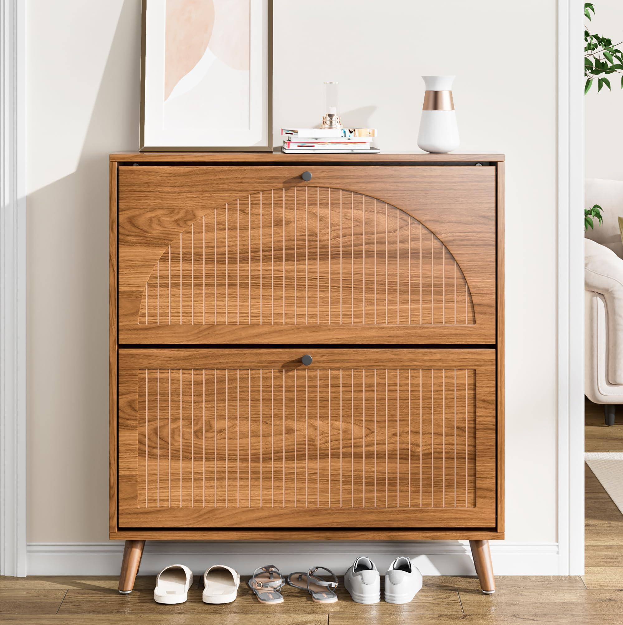 Fsbecl Shoe Storage Cabinet for Entryway with 2 Flip Drawers, Narrow Wood Shoe Cabinet with Fluted Panel, Freestanding Hidden Shoe Organizer for Foyer, Hallway (Walnut)