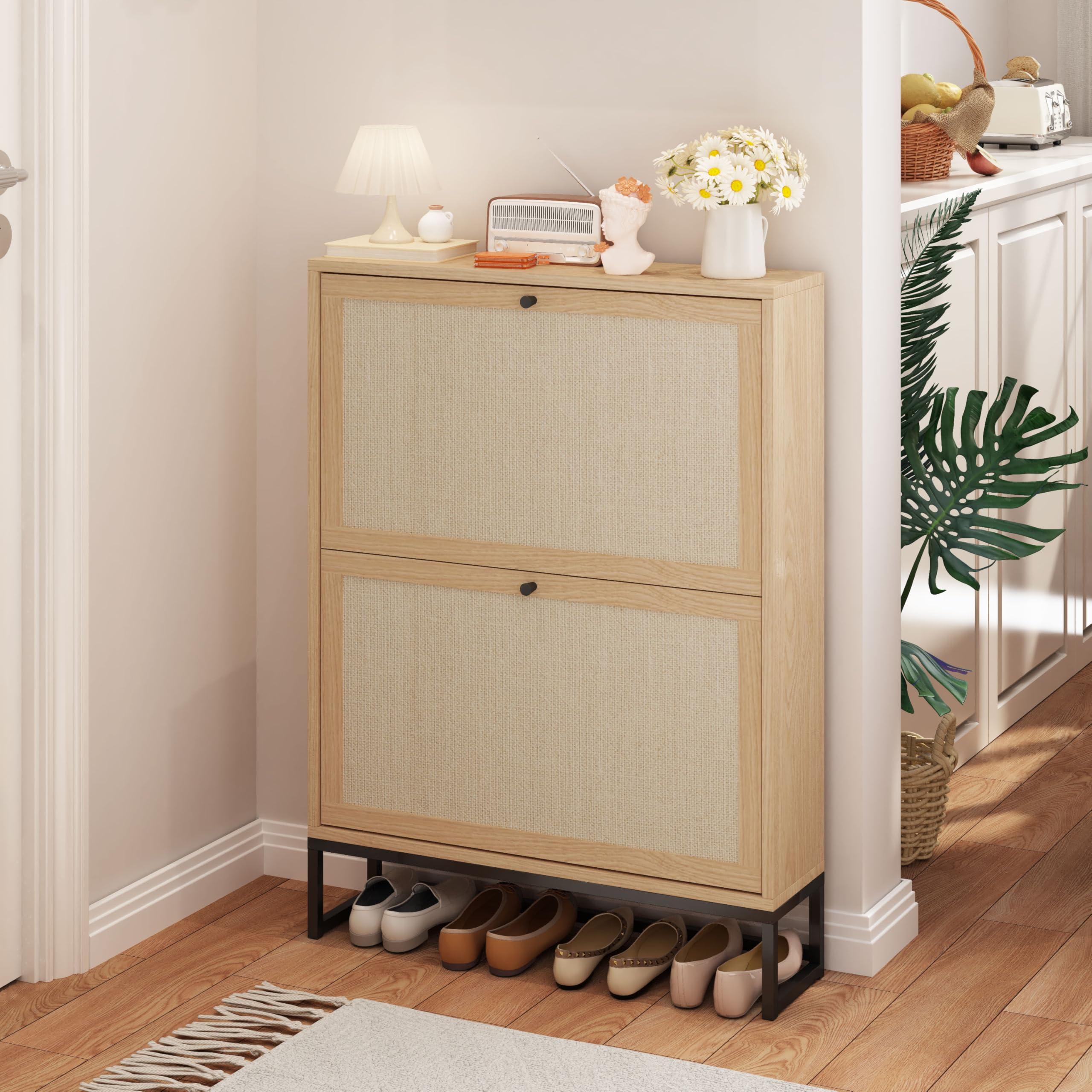 AVZEAR Narrow Shoe Storage Cabinet for Entryway with 2 Flip Drawers, Freestanding Shoe Cabinet with Natural Linen Panel, Slim Wood Shoe Organizer Closed Shoe Rack for Hallway, Foyer, Natural