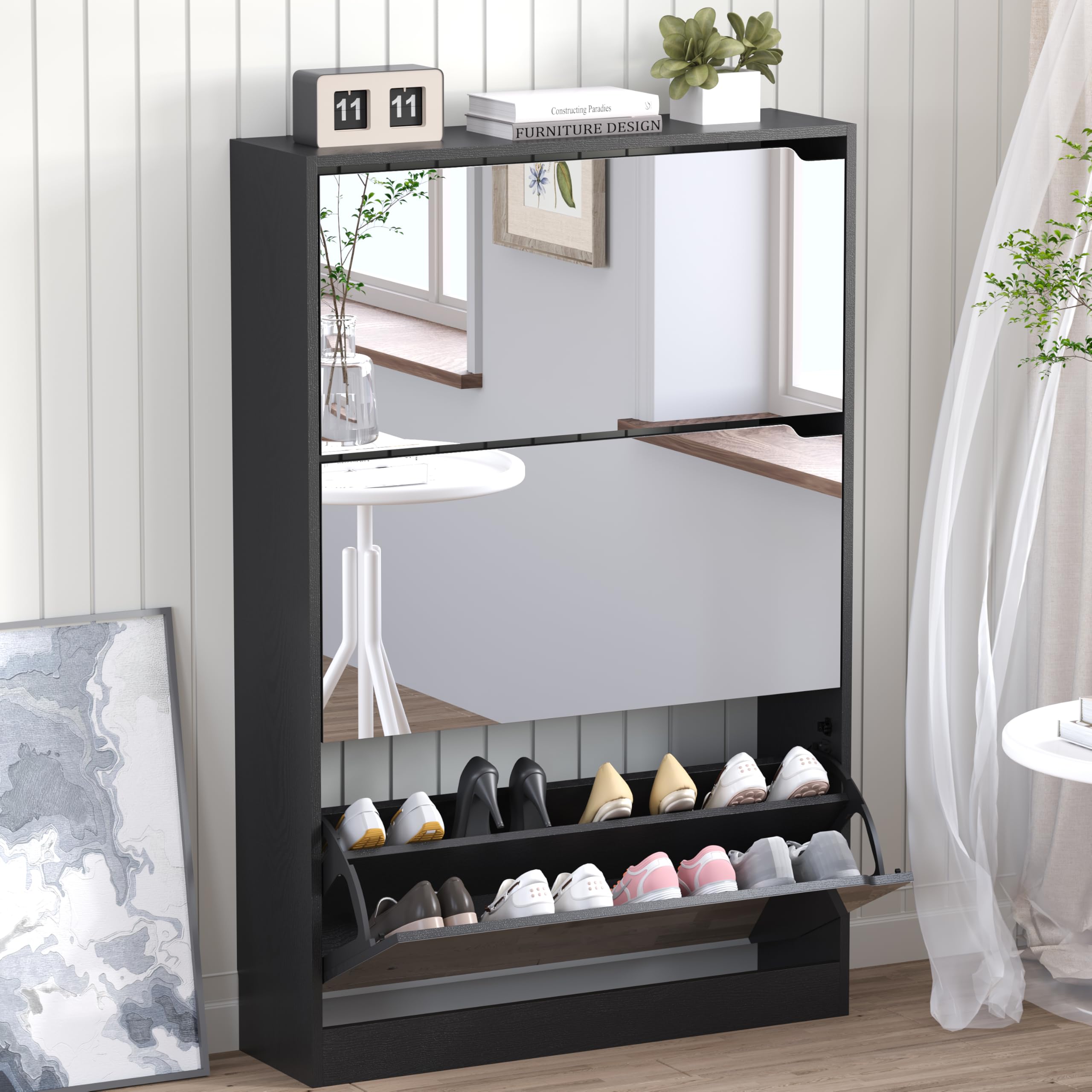 BORNOON Shoe Cabinet with 3 Flip Drawers, Hidden Wood Shoe Cabinet,Freestanding Shoe Storage Cabinet for Entryway Hallway.White. 47.2" H*31.5" W*9.45" D.