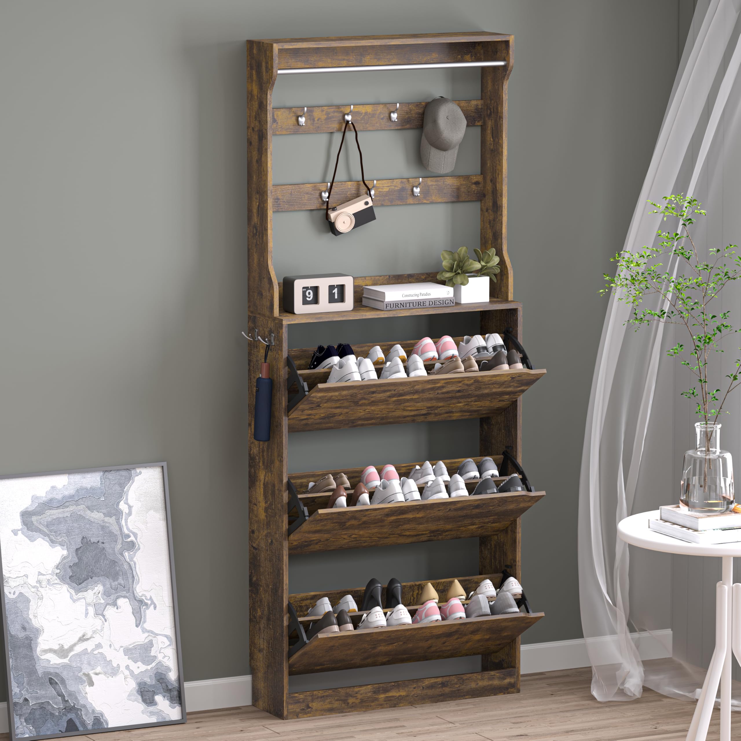 BORNOON Shoe Cabinet with 3 Flip Drawers, Hidden Wood Shoe Cabinet,Freestanding Shoe Storage Cabinet for Entryway Hallway.White. 47.2" H*31.5" W*9.45" D.