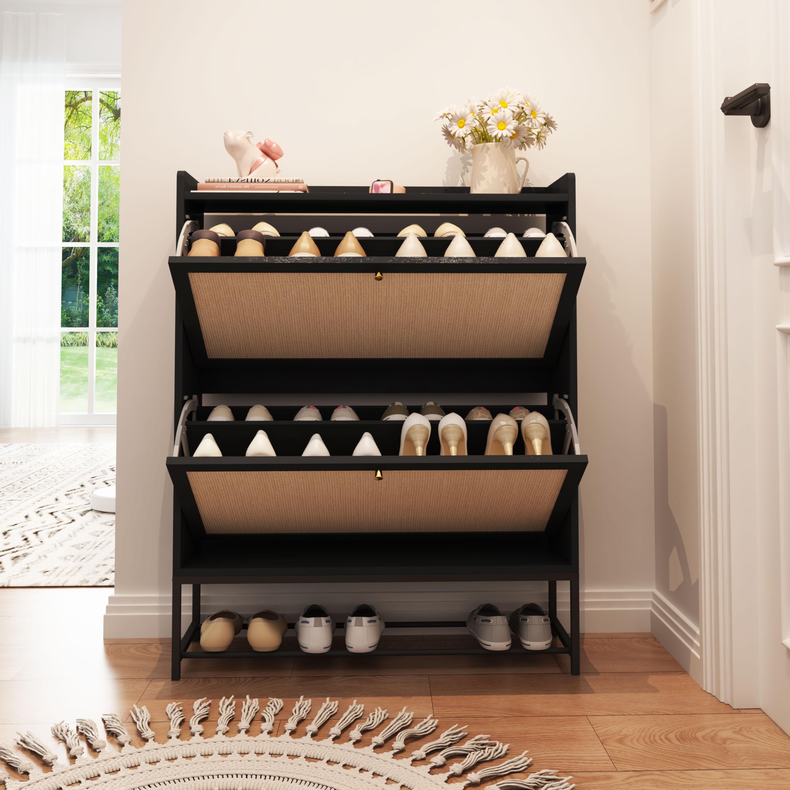 AVZEAR Narrow Shoe Storage Cabinet for Entryway with 2 Flip Drawers, Freestanding Shoe Cabinet with Natural Linen Panel, Slim Wood Shoe Organizer Closed Shoe Rack for Hallway, Foyer, Natural