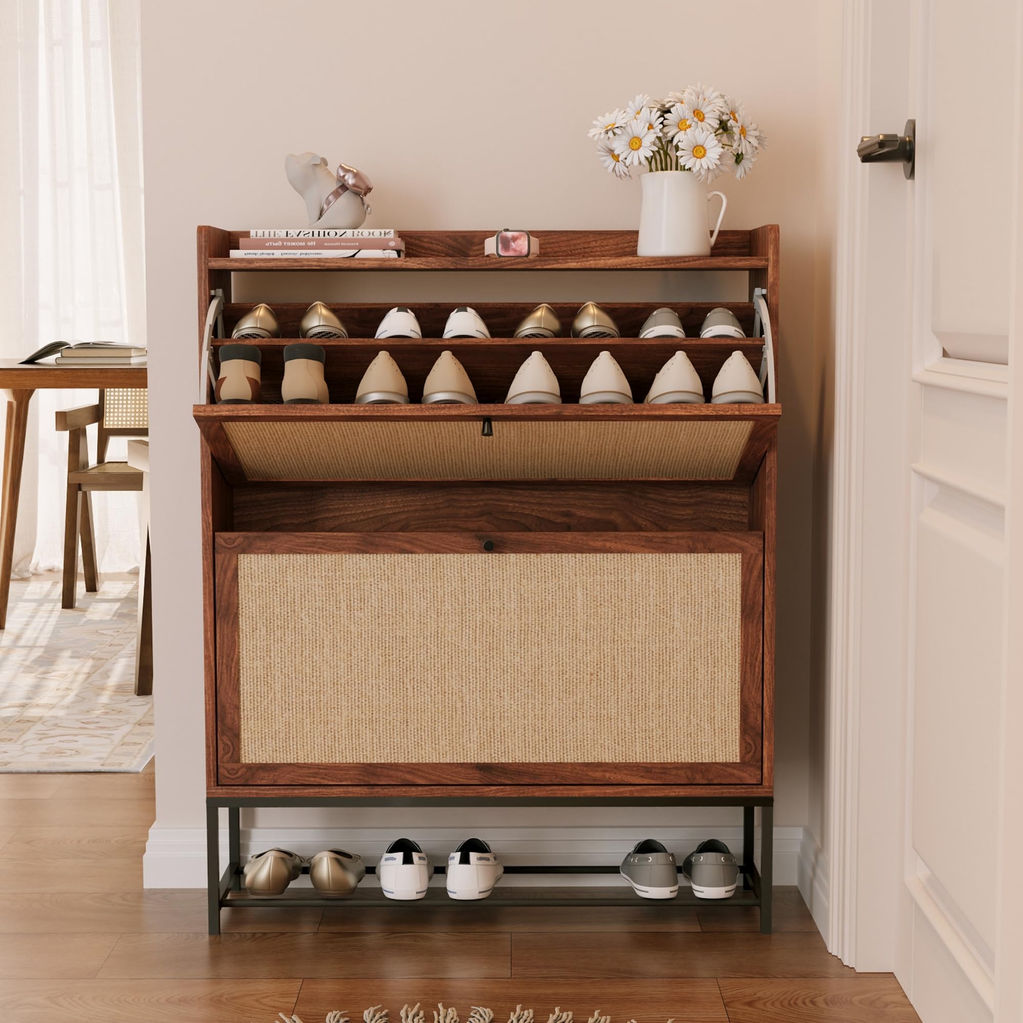 AVZEAR Narrow Shoe Storage Cabinet for Entryway with 2 Flip Drawers, Freestanding Shoe Cabinet with Natural Linen Panel, Slim Wood Shoe Organizer Closed Shoe Rack for Hallway, Foyer, Natural