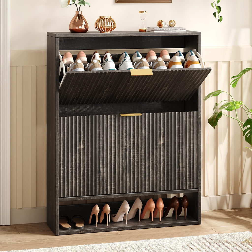 Hootata 31.5''W Oak Shoe Storage Cabinet for Entryway with 2 Flip Drawers, Narrow Wood Fluted Shoe Rack Cabinet,Freestanding Slim Shoe Organizer Cabinet for Foyer, Hallway