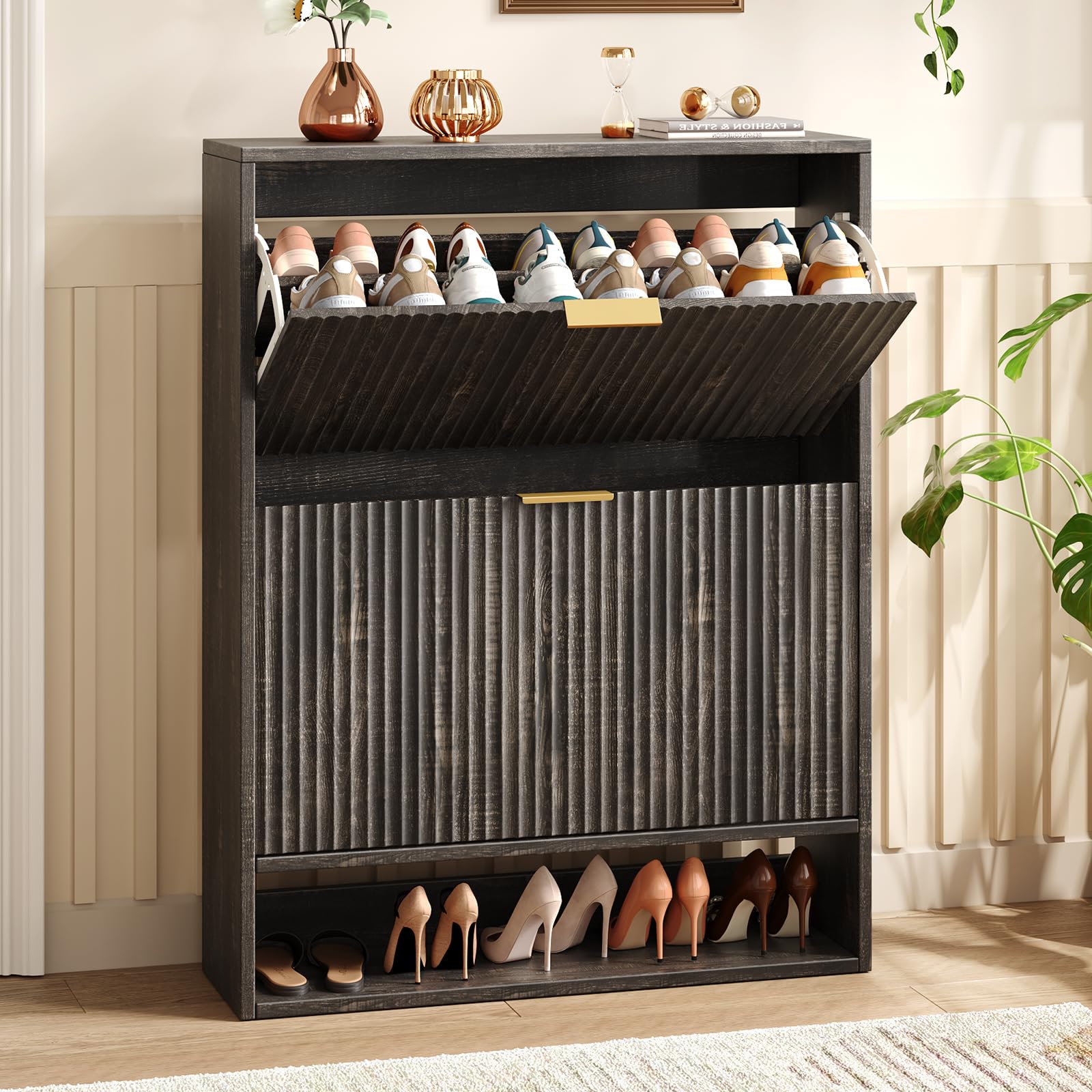Hootata 31.5''W Oak Shoe Storage Cabinet for Entryway with 2 Flip Drawers, Narrow Wood Fluted Shoe Rack Cabinet,Freestanding Slim Shoe Organizer Cabinet for Foyer, Hallway