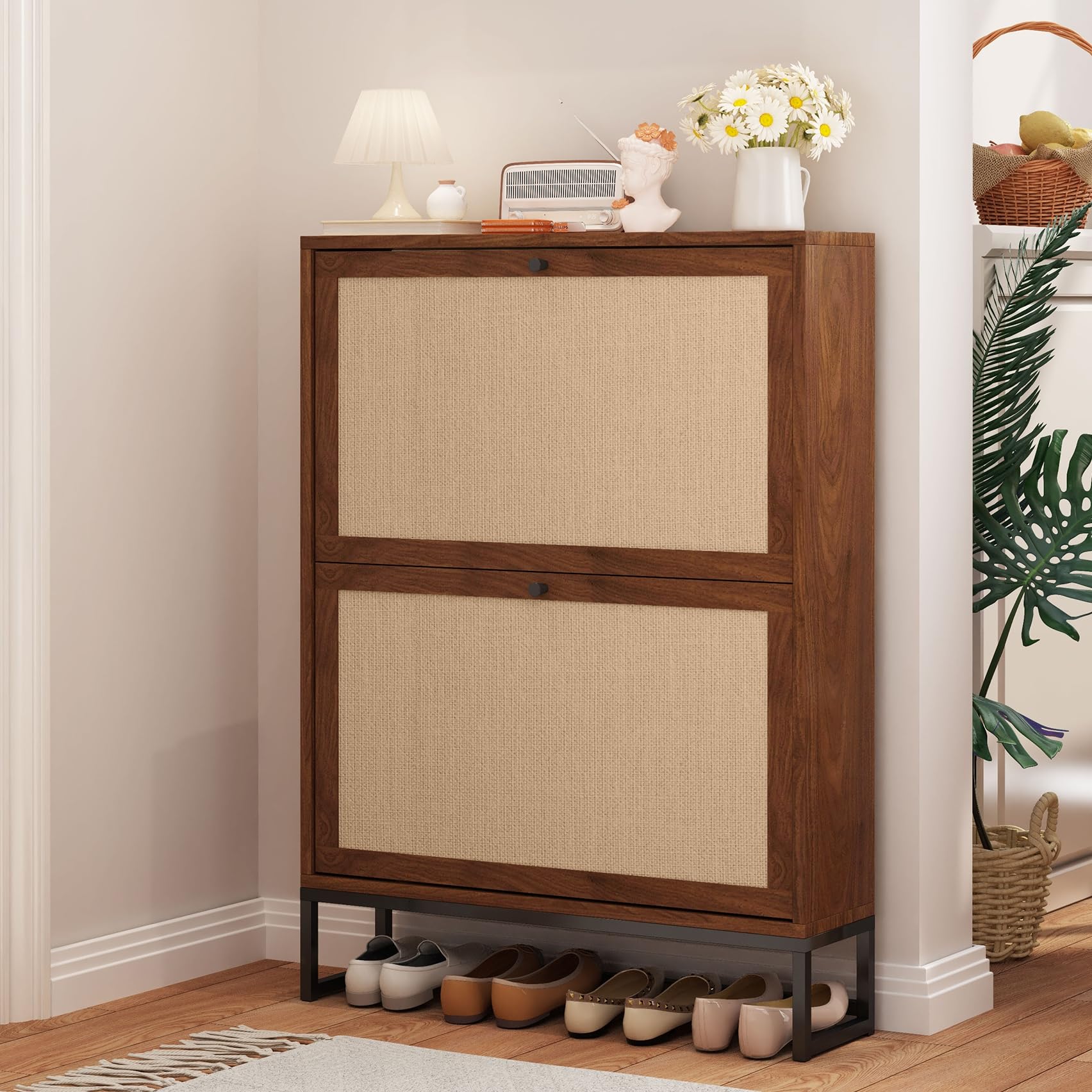 AVZEAR Narrow Shoe Storage Cabinet for Entryway with 2 Flip Drawers, Freestanding Shoe Cabinet with Natural Linen Panel, Slim Wood Shoe Organizer Closed Shoe Rack for Hallway, Foyer, Natural