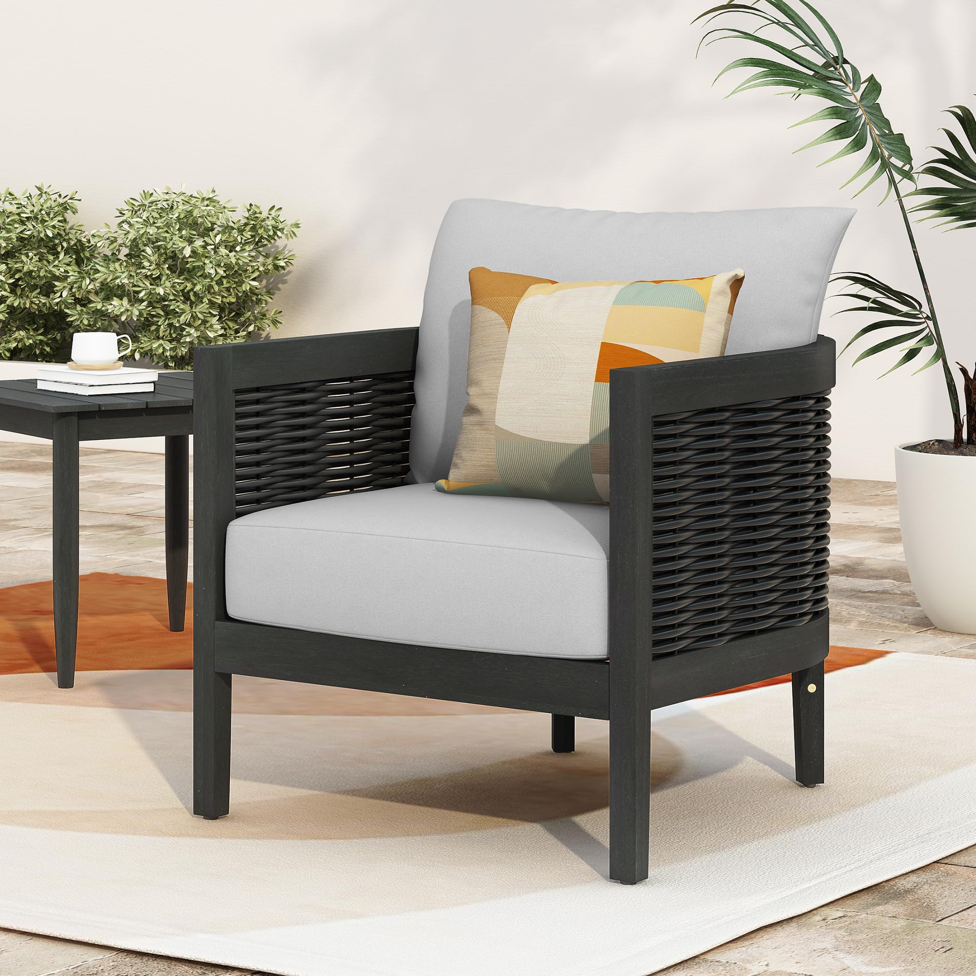 Merax Single Outdoor Acacia Wood Wicker Club Chair with Cushion,Patio Furniture Conversation Seat for Backyard