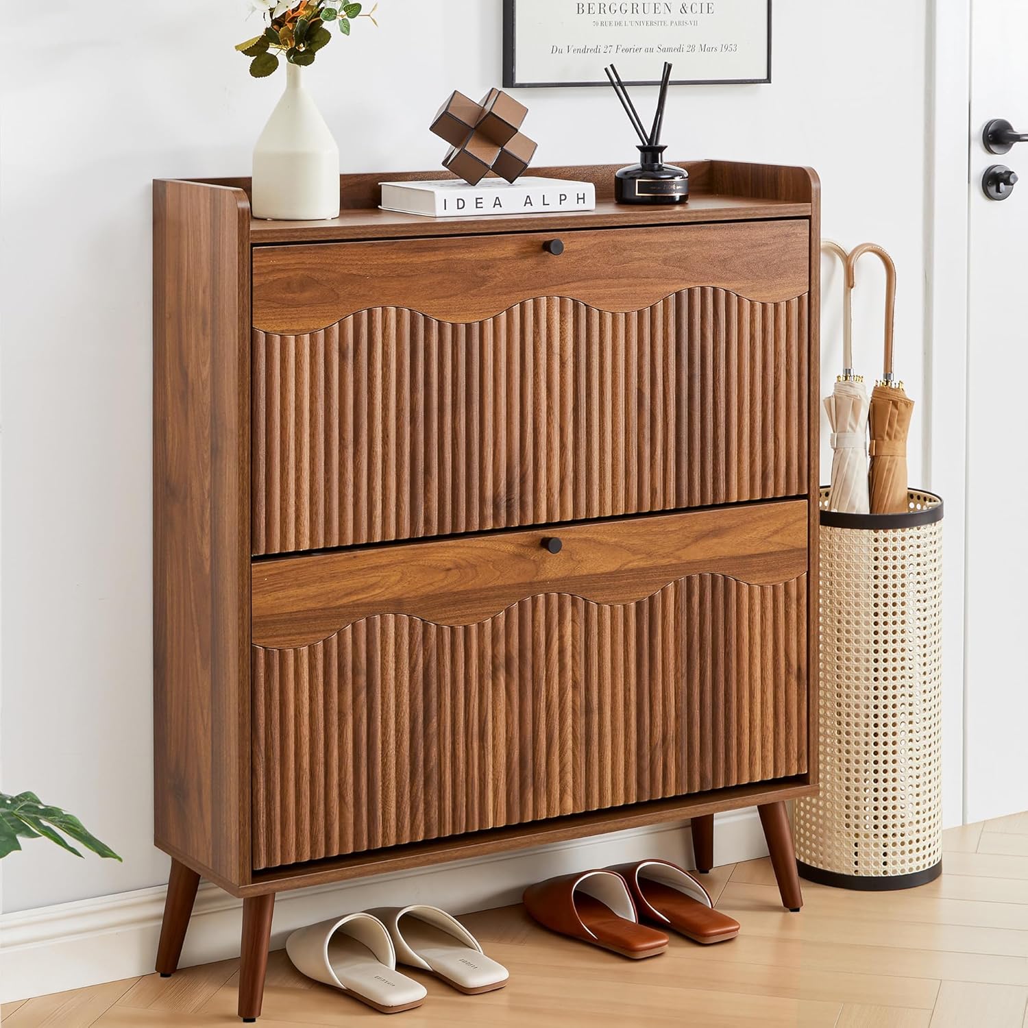 BERRYMERRY 31.5” Fluted Shoe Storage Cabinet with 2 Flip Drawers,Freestanding Narrow Shoe Organizer Cabinet with Wave Profile for Entryway,Hallway,Living Room