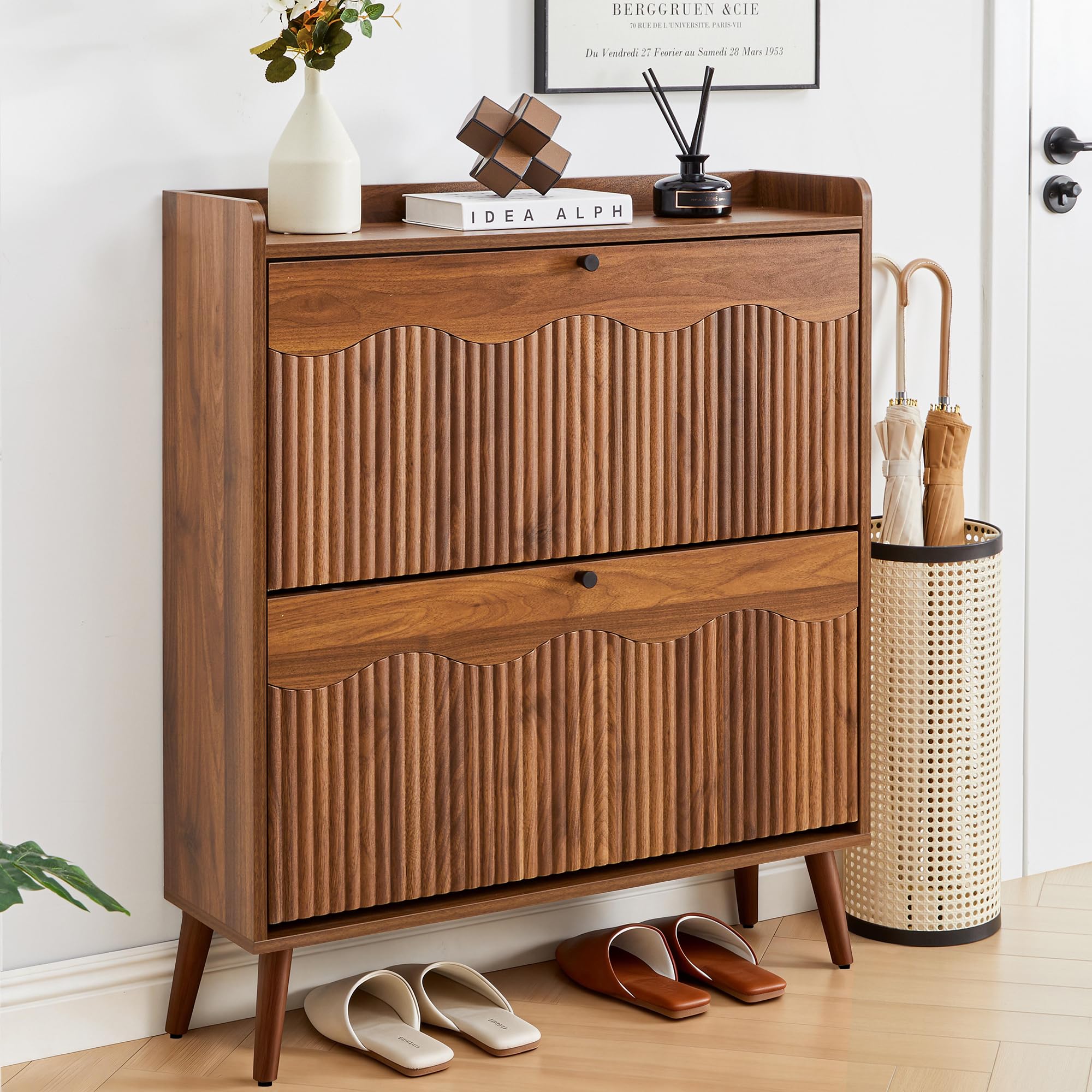 BERRYMERRY 31.5” Fluted Shoe Storage Cabinet with 2 Flip Drawers,Freestanding Narrow Shoe Organizer Cabinet with Wave Profile for Entryway,Hallway,Living Room
