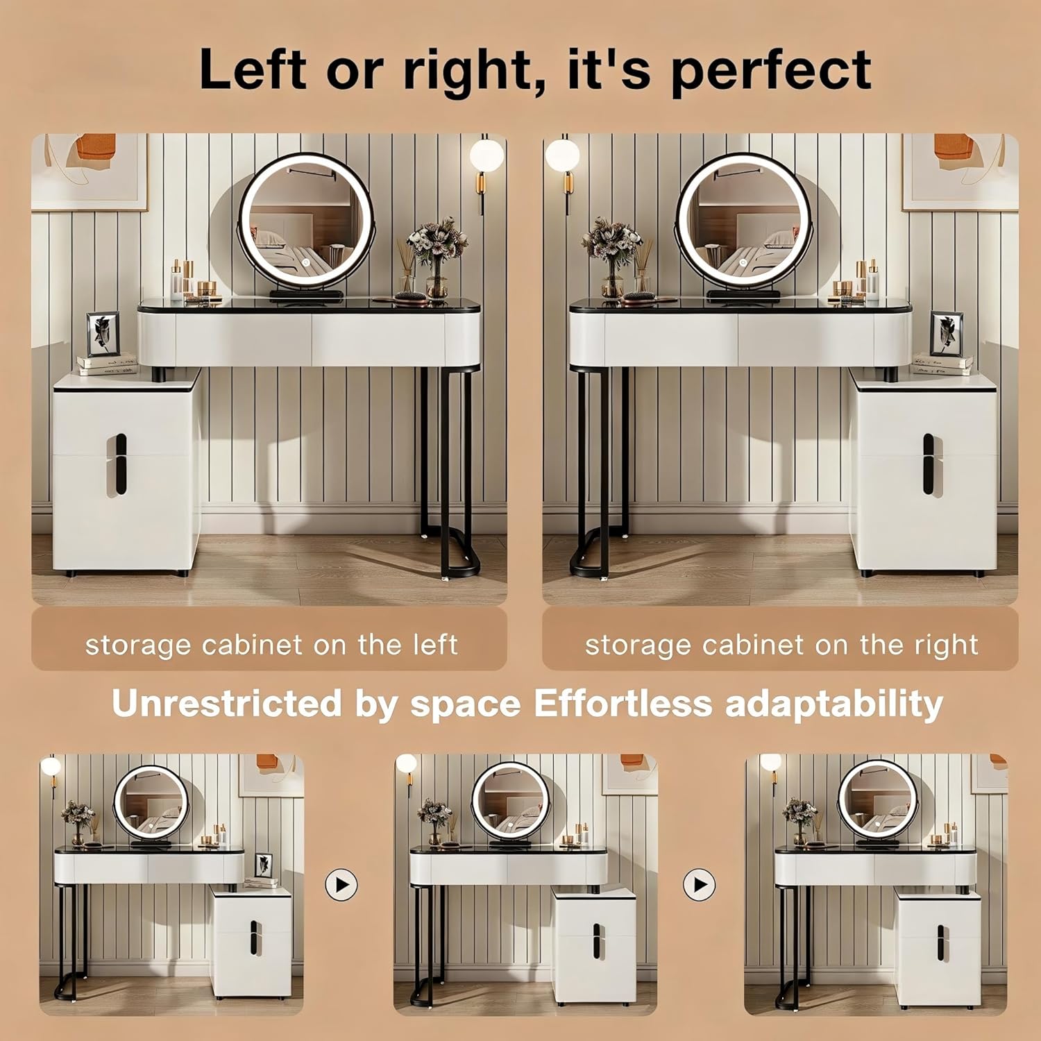 39" Modern Makeup Vanity Desk with Tempered Glass Top & LED Round Mirror, Adjustable Black and White Dressing Table with Reversible 3-Drawer Cabinet, Extendable Vanity Set for Small Bedroom