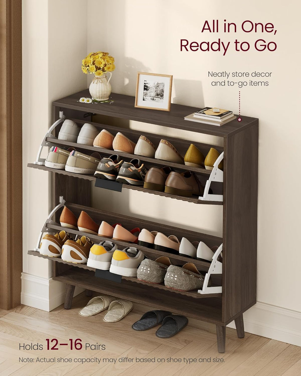 VASAGLE MAXE Collection - Shoe Storage Cabinet with 2 Flip Drawers, Freestanding Narrow Shoe Rack Organizer for Entryway, Fluted Doors, Fits 12-16 Pairs, Mid Century Modern, Walnut Brown UHSC202KF02S