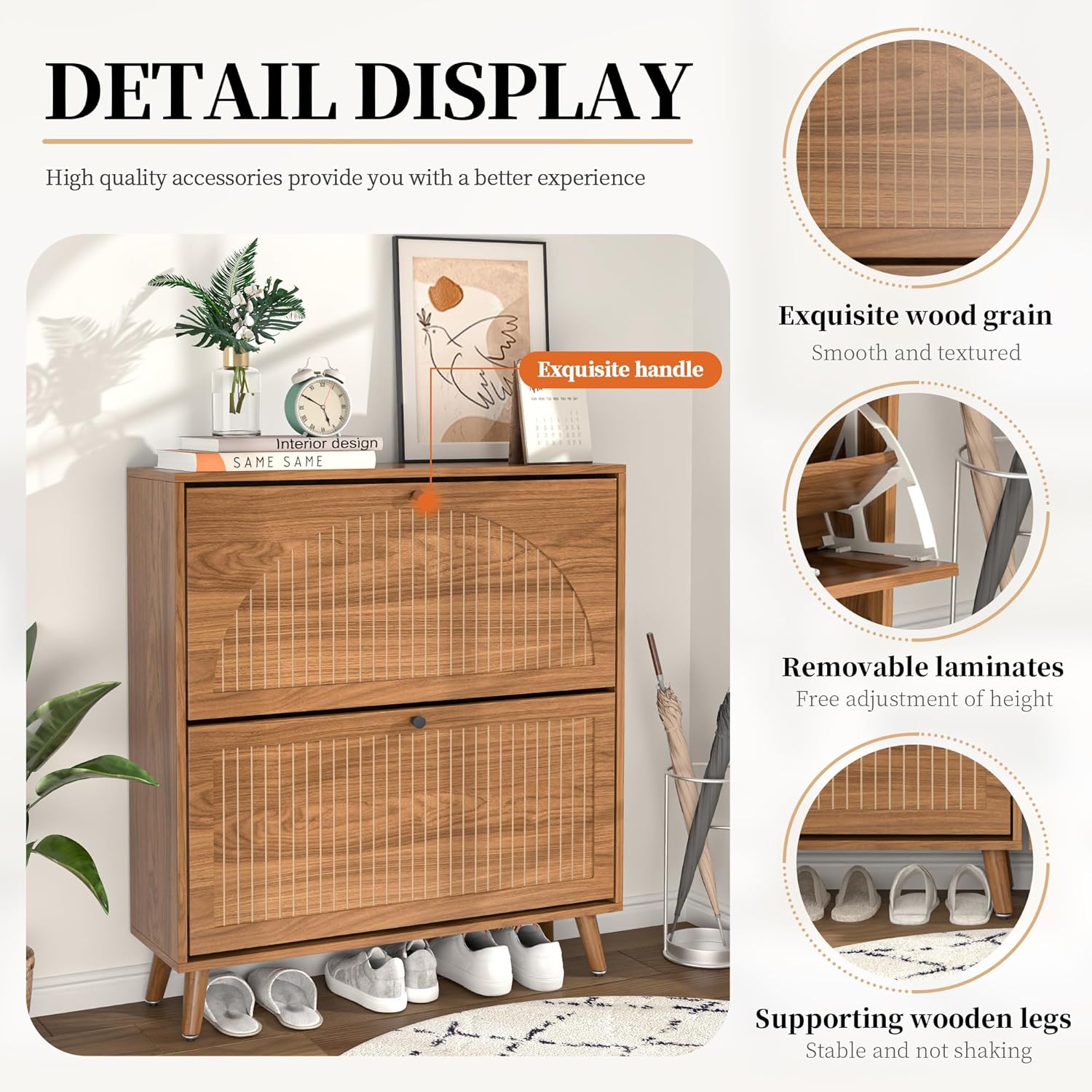 Fsbecl Shoe Storage Cabinet for Entryway with 2 Flip Drawers, Narrow Wood Shoe Cabinet with Fluted Panel, Freestanding Hidden Shoe Organizer for Foyer, Hallway (Walnut)