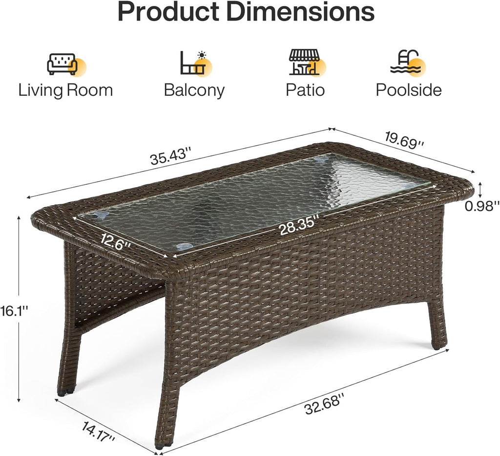 Tribesigns Outdoor Patio Furniture Set of Coffee Table, 35.4" Patio Wicker Coffee Table with Tempered Glass Top, Handwoven Rattan Coffee Table for Conversation Sets, Poolside, Deck, Brown