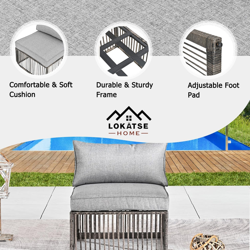 LOKATSE HOME Outdoor Rattan Single Sofa Chair with Cushion for Outside Balcony, Porch, Deck, Garden, Grey
