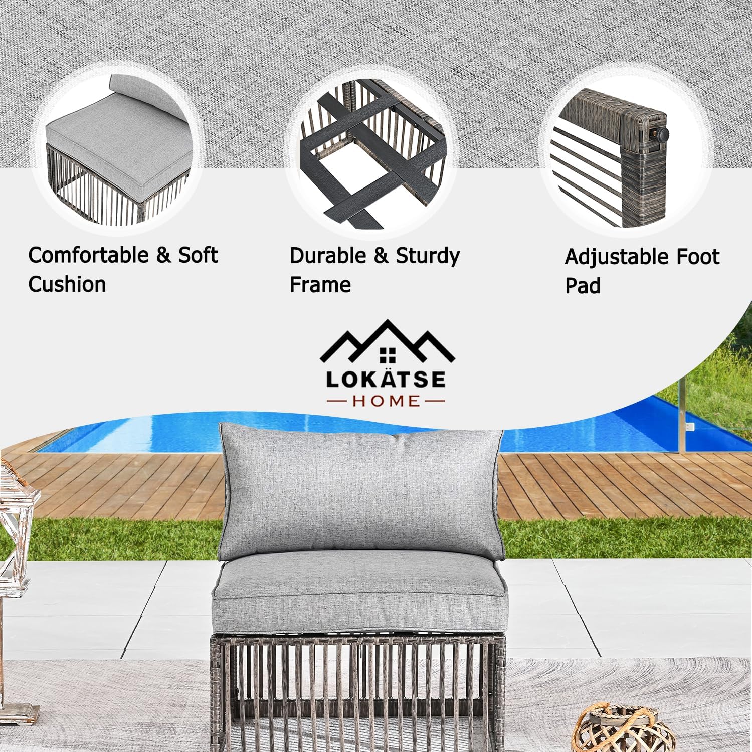 LOKATSE HOME Outdoor Rattan Single Sofa Chair with Cushion for Outside Balcony, Porch, Deck, Garden, Grey