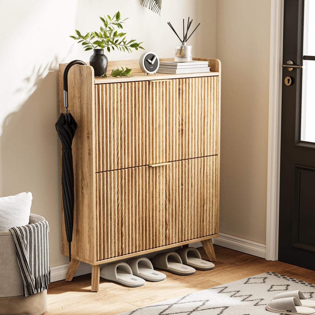 Fluted Shoe Cabinet Storage with 2 Flip Drawers, Wood Narrow Hidden Shoe Cabinet with Adjustable Shelf for Entryway, Freestanding Slim Shoe Rack Organizer for Foyer Hallway Living Room