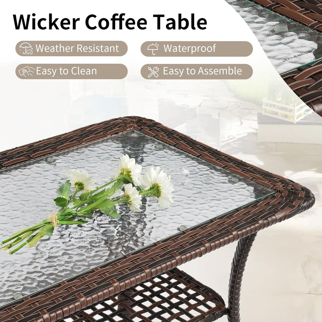 VINGLI Outdoor Coffee Table with Storage Wicker Patio Coffee Table, Tempered Glass Top Coffee Table for Patio Outside Balcony Porch Deck (Brown)