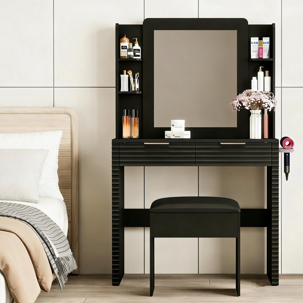 39" Modern Makeup Vanity Desk with Tempered Glass Top & LED Round Mirror, Adjustable Black and White Dressing Table with Reversible 3-Drawer Cabinet, Extendable Vanity Set for Small Bedroom