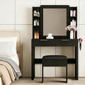 39" Modern Makeup Vanity Desk with Tempered Glass Top & LED Round Mirror, Adjustable Black and White Dressing Table with Reversible 3-Drawer Cabinet, Extendable Vanity Set for Small Bedroom