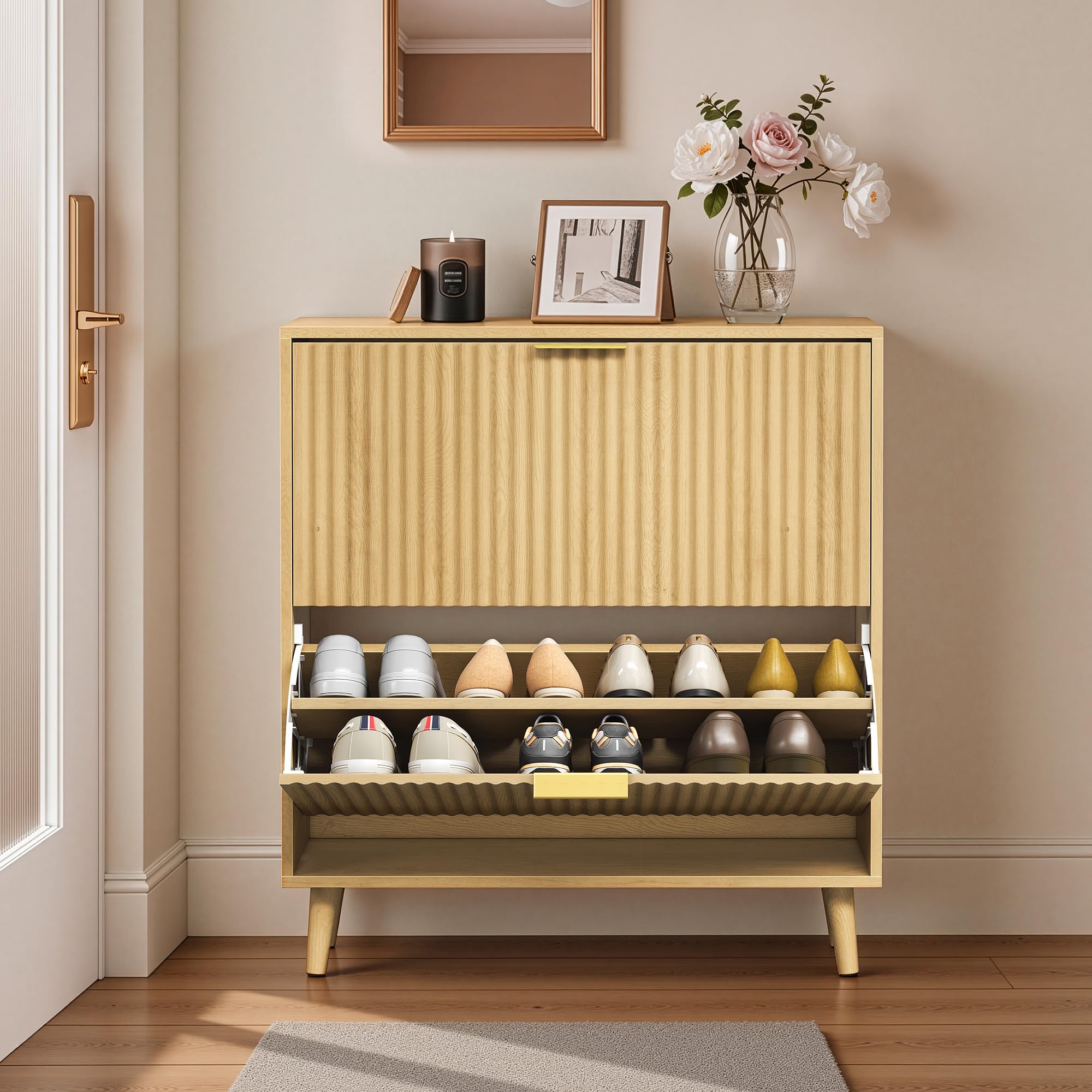 VASAGLE MAXE Collection - Shoe Storage Cabinet with 2 Flip Drawers, Freestanding Narrow Shoe Rack Organizer for Entryway, Fluted Doors, Fits 12-16 Pairs, Mid Century Modern, Walnut Brown UHSC202KF02S