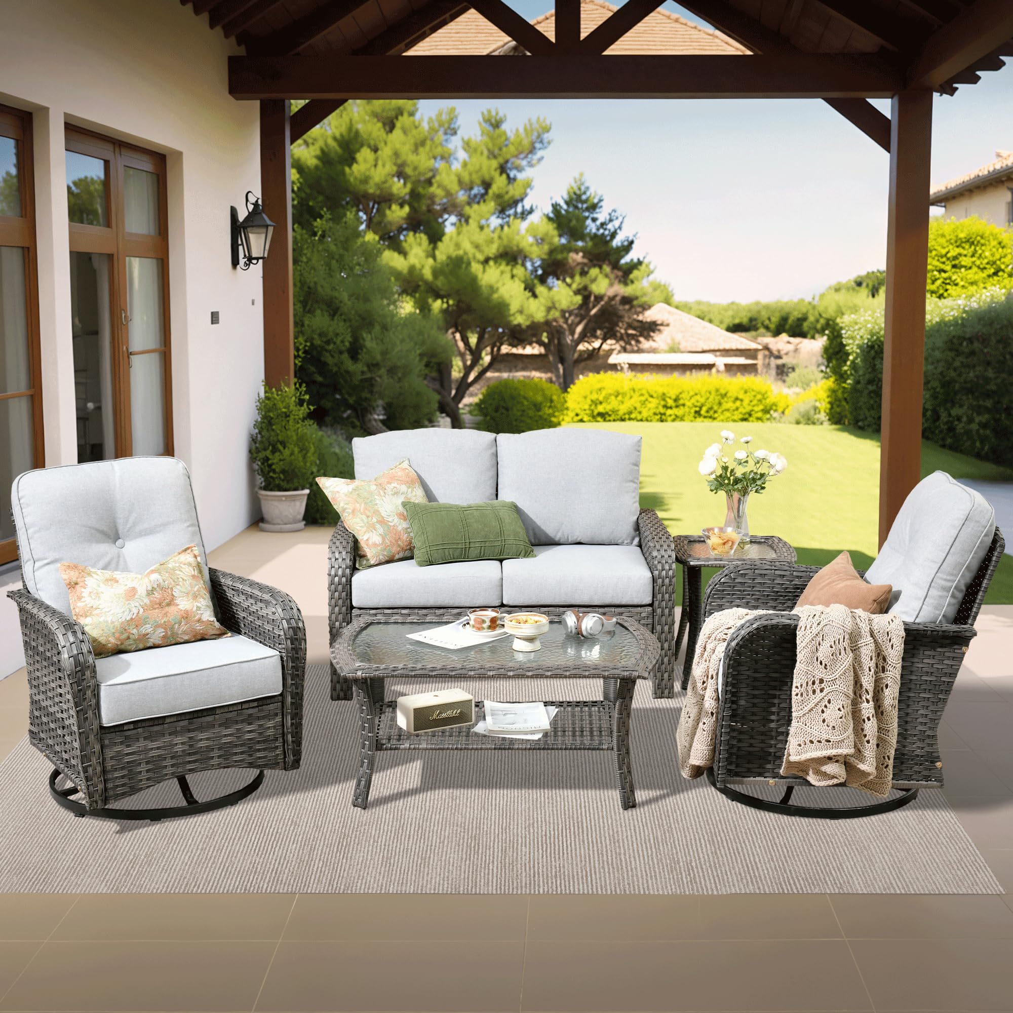 ovios 2-Piece Patio Furniture Set, Outdoor Wicker Sofa with Chairs, High Back Rattan Chair with Comfy Cushions for Porch Yard Deck, Denim Blue