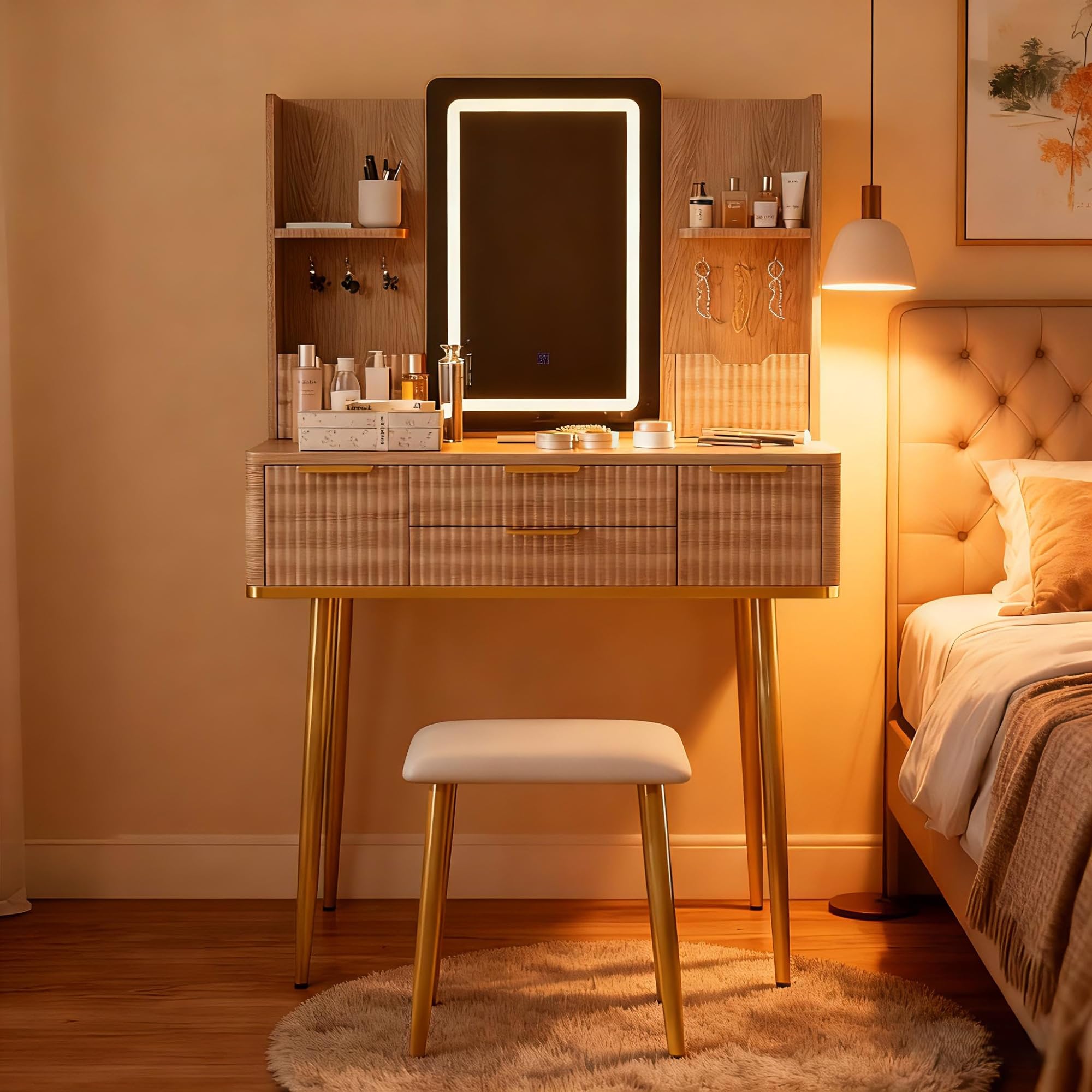 39" Modern Makeup Vanity Desk with Tempered Glass Top & LED Round Mirror, Adjustable Black and White Dressing Table with Reversible 3-Drawer Cabinet, Extendable Vanity Set for Small Bedroom