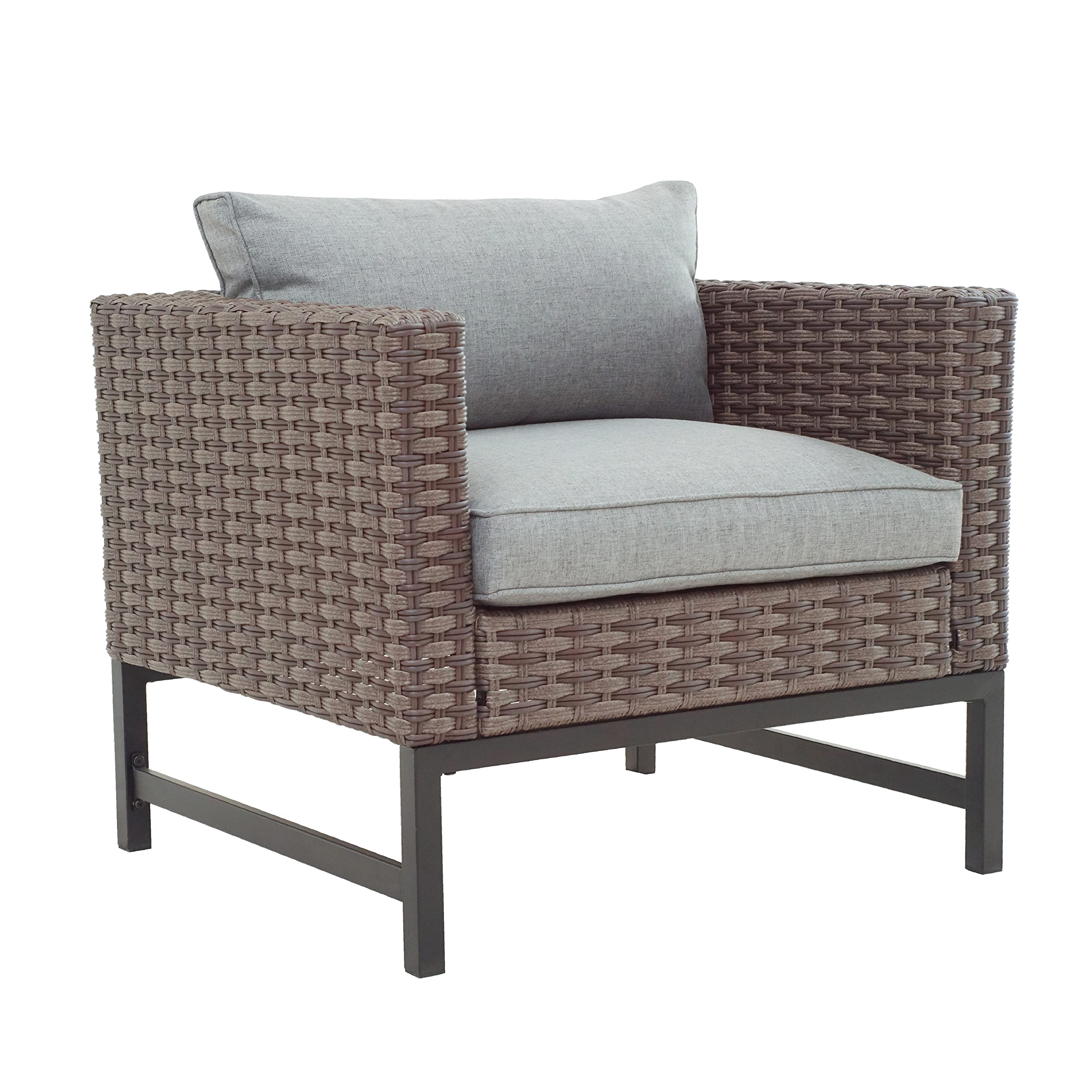 LOKATSE Home Outdoor Patio Armchair Wicker Furniture Rattan Conversation Single Sofa Chair with Grey Cushion