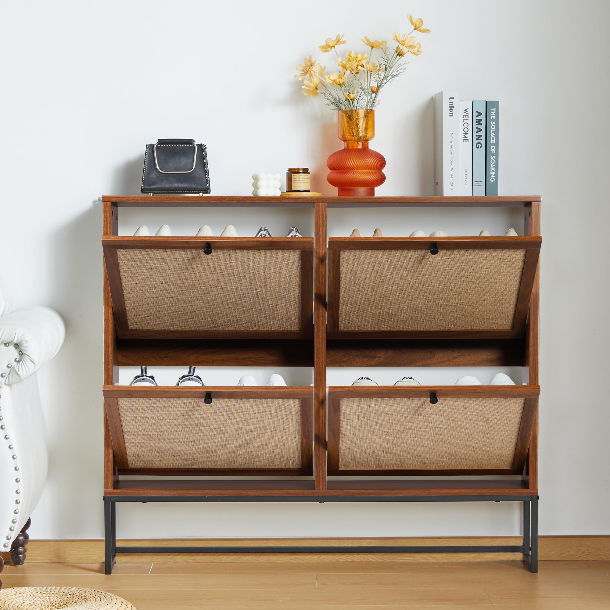 AVZEAR Narrow Shoe Storage Cabinet for Entryway with 2 Flip Drawers, Freestanding Shoe Cabinet with Natural Linen Panel, Slim Wood Shoe Organizer Closed Shoe Rack for Hallway, Foyer, Natural
