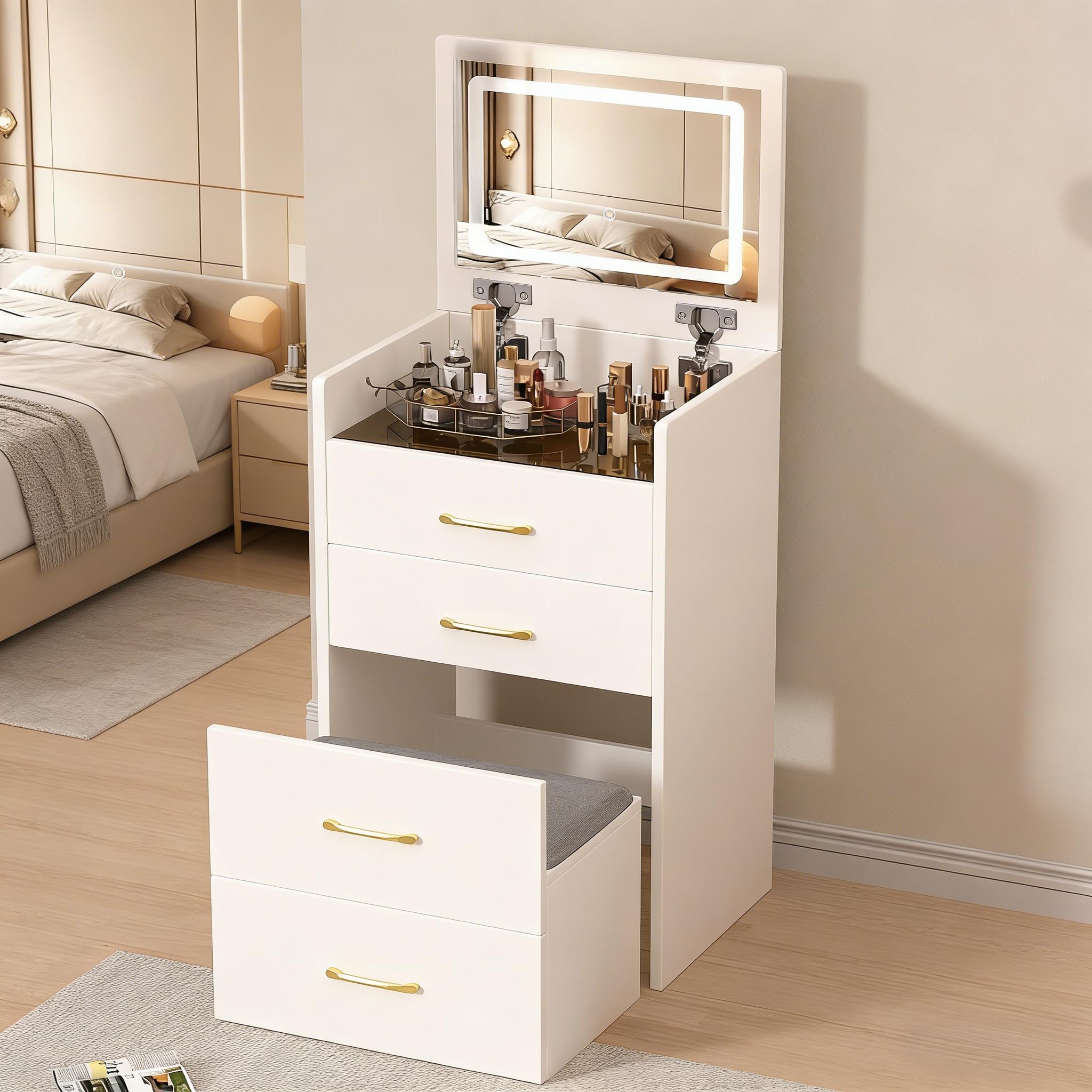 39" Modern Makeup Vanity Desk with Tempered Glass Top & LED Round Mirror, Adjustable Black and White Dressing Table with Reversible 3-Drawer Cabinet, Extendable Vanity Set for Small Bedroom