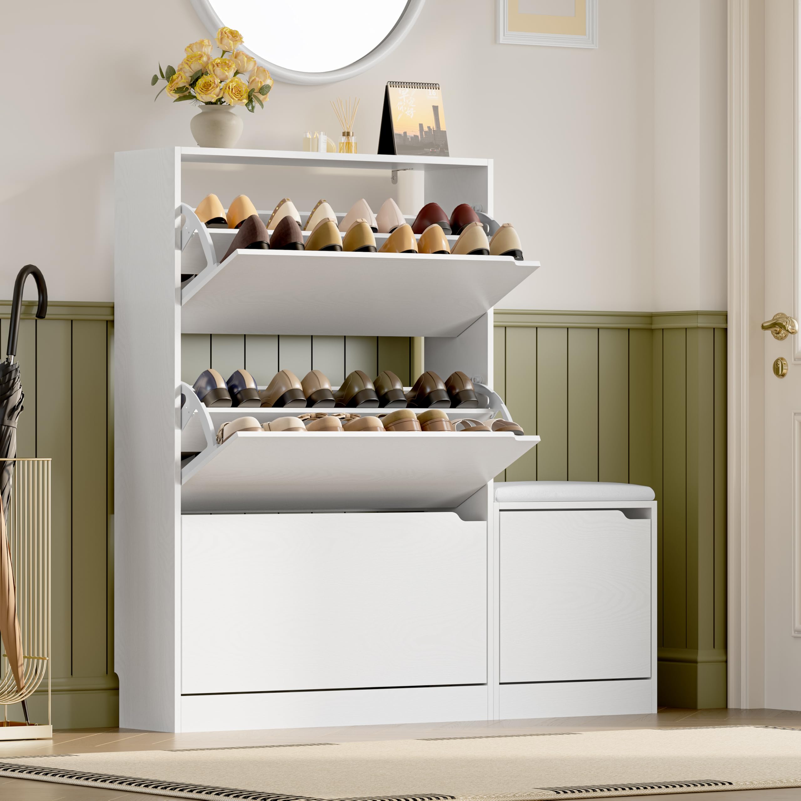 BORNOON Shoe Cabinet with 3 Flip Drawers, Hidden Wood Shoe Cabinet,Freestanding Shoe Storage Cabinet for Entryway Hallway.White. 47.2" H*31.5" W*9.45" D.
