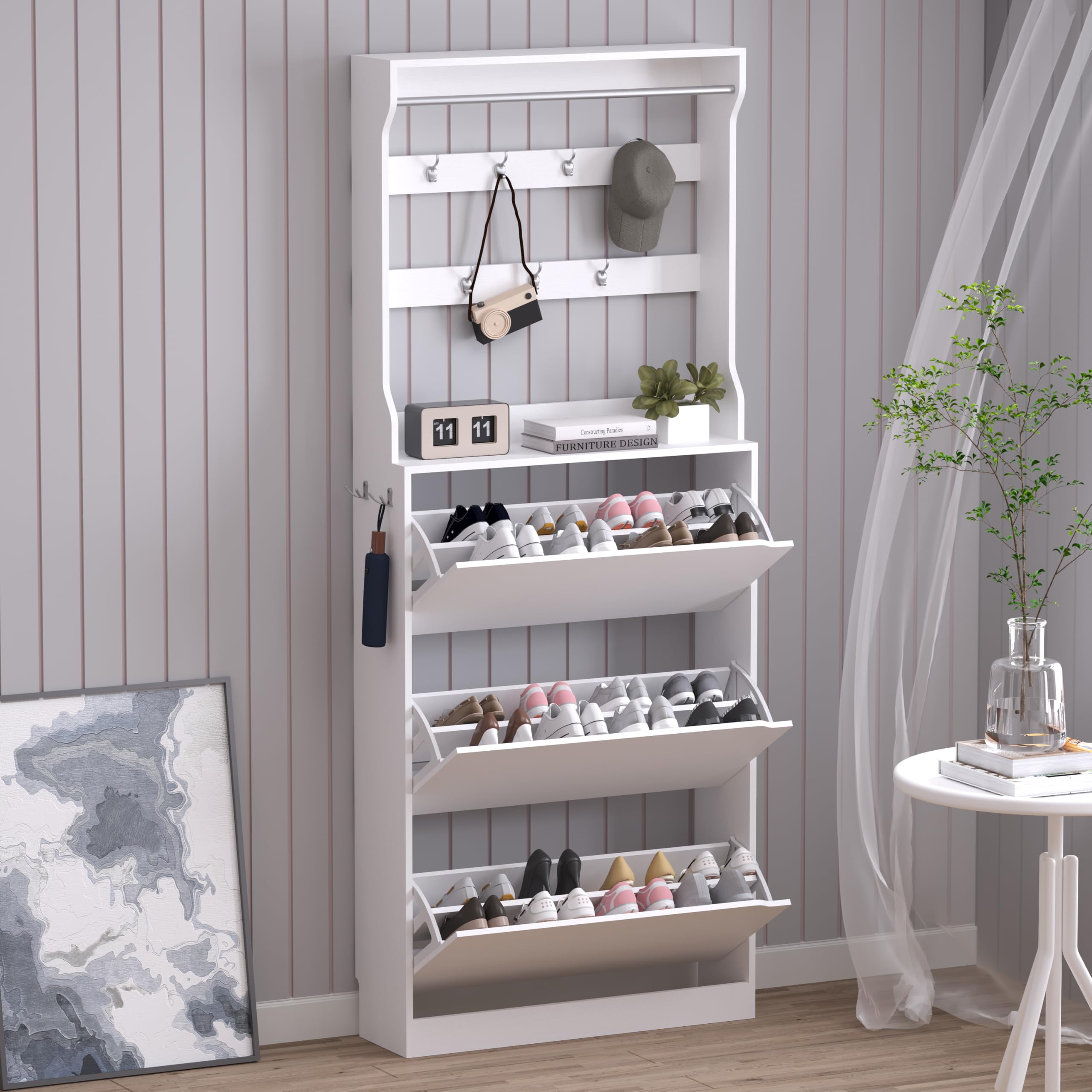 BORNOON Shoe Cabinet with 3 Flip Drawers, Hidden Wood Shoe Cabinet,Freestanding Shoe Storage Cabinet for Entryway Hallway.White. 47.2" H*31.5" W*9.45" D.