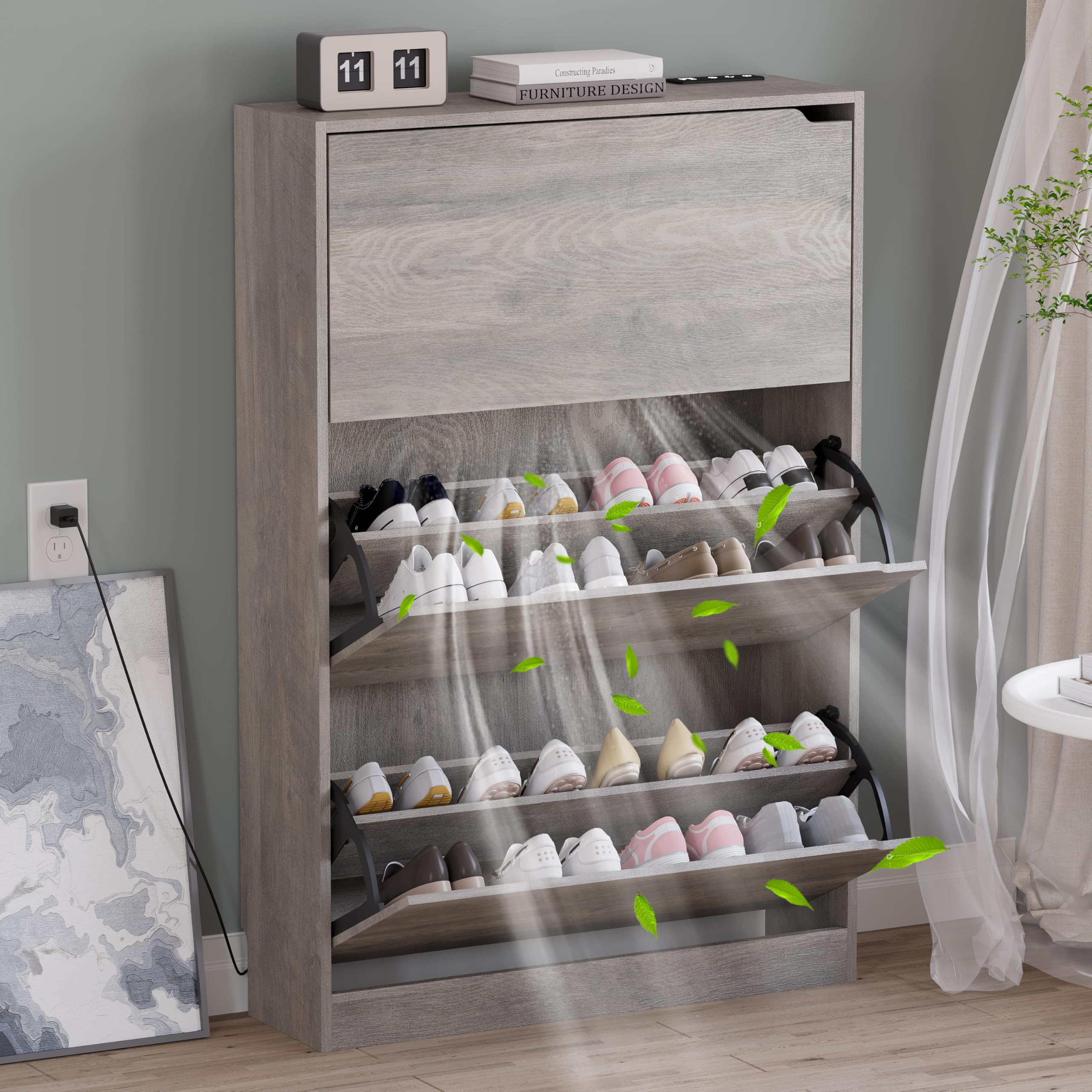 BORNOON Shoe Cabinet with 3 Flip Drawers, Hidden Wood Shoe Cabinet,Freestanding Shoe Storage Cabinet for Entryway Hallway.White. 47.2" H*31.5" W*9.45" D.
